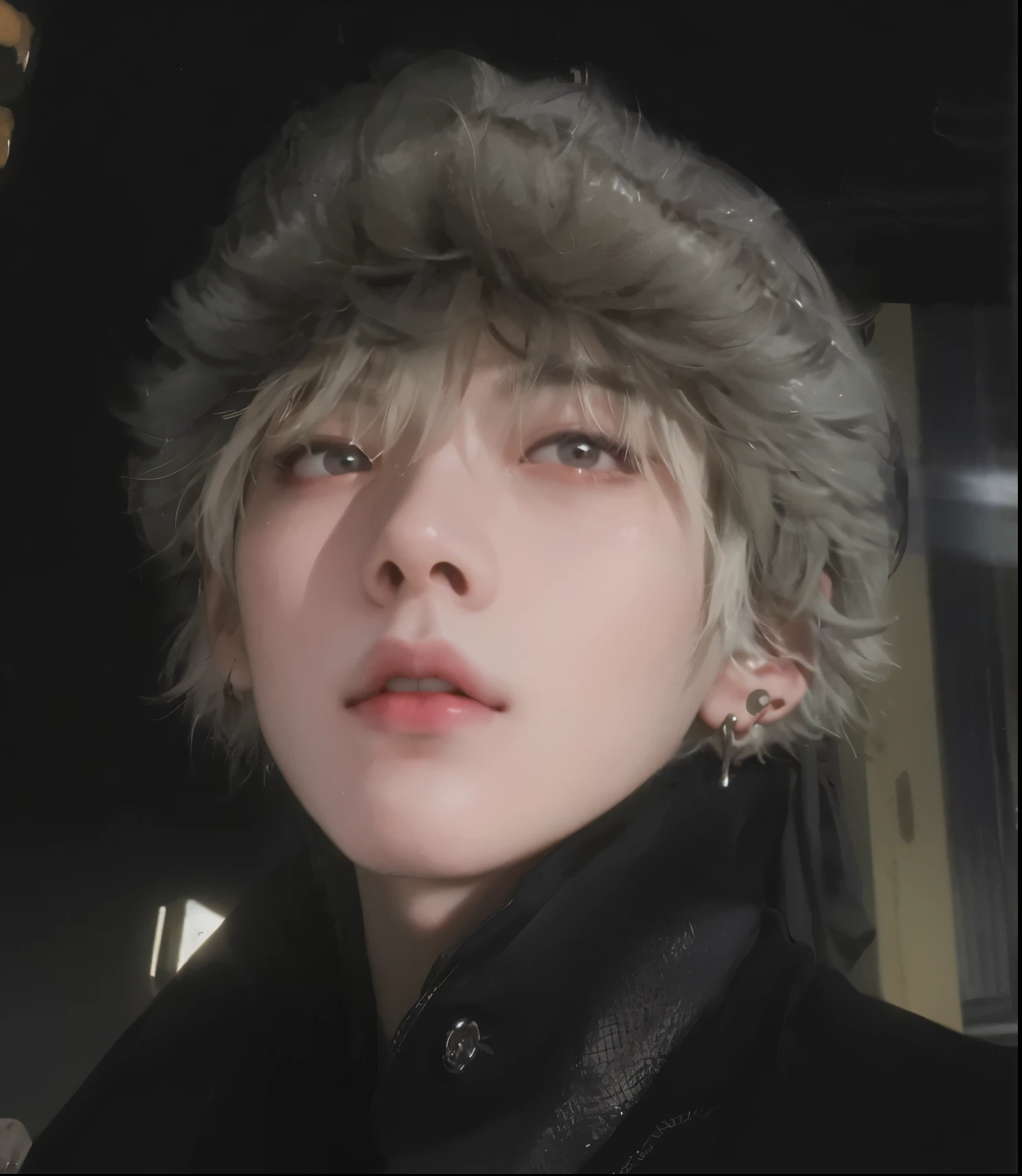 Foto arafed de una persona con un gorro de piel y piercings en las orejas., cai xukun, Jimin\his right eyelid is swollen, Jung Jaehyun, kim doyoung, Jimin\los labios carnosos, pintar ulzzang, Jinyoung Shin, hong junio hyung, park Jimin, foto de perfil, Jimin, hyung tae, sakimichan, androgynous face, doll face, cute face, tae bts, hyung tae, cara hermosa y perfecta 
