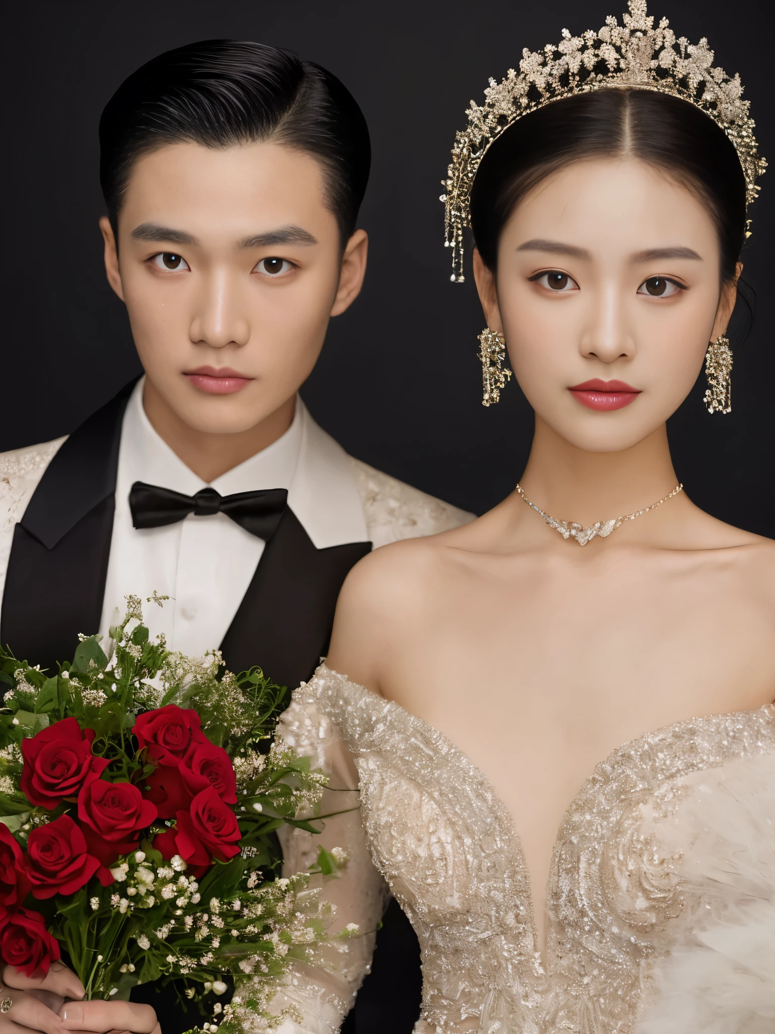 couple, portrait, formal attire, woman in black dress, man in black suit, black background, studio lighting, elegance, sophistication, tiara, necklace, bouquet, roses, pose, Asian ethnicity, side-by-side, looking at camera, serene expression, makeup, clear skin, young adults, fashion, beauty, styled hair, romance, partnership, unity, engagement photo., masterpiece,best quality,ultra-detailed,