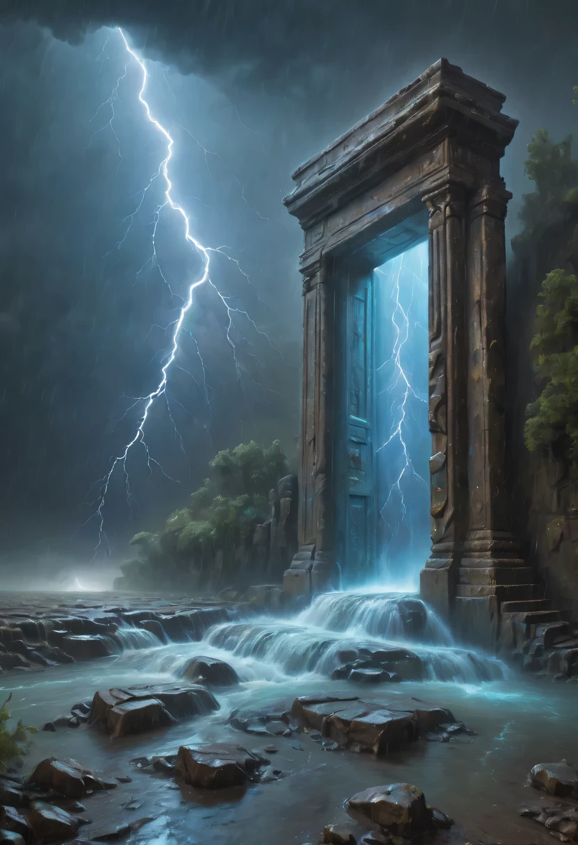 Night of heavy rain，Lightning and lightning，A few weathered stone pillars stand alone in the flood，Spliced into door shape，The mottled alien text flashes with a faint blue light，Heavy rain like waterfall，muddy river，The raging flood is about to submerge the ancient and mysterious portal