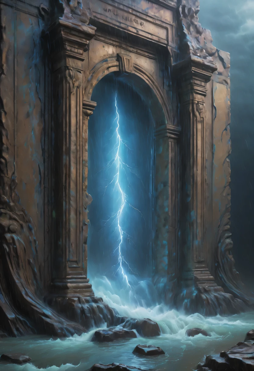 Night of heavy rain，Lightning and lightning，A few weathered stone pillars stand alone in the flood，Spliced into door shape，The mottled alien text flashes with a faint blue light，Heavy rain like waterfall，muddy river，The raging flood is about to submerge the ancient and mysterious portal