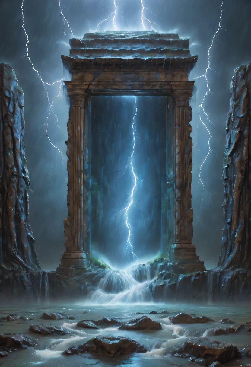 Night of heavy rain，Lightning and lightning，A few weathered stone pillars stand alone in the flood，Spliced into door shape，The mottled alien text flashes with a faint blue light，Heavy rain like waterfall，muddy river，The raging flood is about to submerge the ancient and mysterious portal