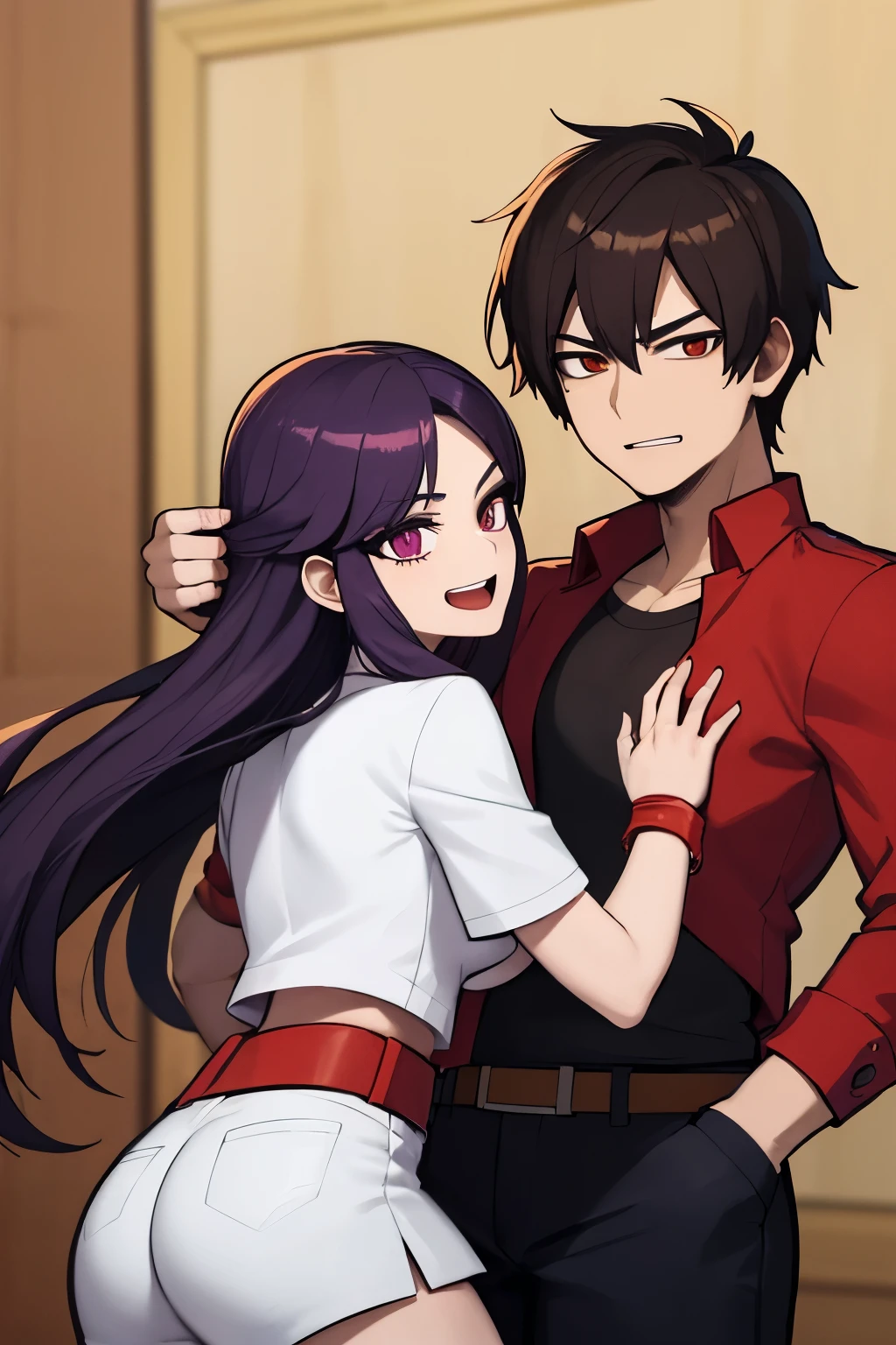 Kusanagi Kyo is a man, NestKyo, KoF 2002, The King of fighters 2002, Kusanagi Kyo 2002, white jacket, Black t-shirt, Cross t-shirt, jeans, fingerless gloves, brown hair, man, Kusanagi Kyo isa man and he is Hugging Athena Asamiya who is a girl, Athena Asamiya is Girl, Psycho soldier, KoF, Kuasangi Kyo is Hugging Athena Asamiya, man hugging a girl, Athena Asamiya has purple hair, She have a uniform school girl