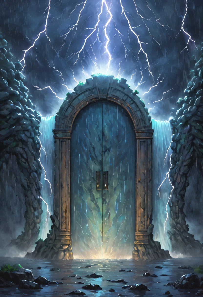 Night of heavy rain，Lightning and lightning，A few weathered stone pillars stand alone in the flood，Spliced into door shape，The mottled alien text flashes with a faint blue light，Heavy rain like waterfall，muddy river，The raging flood is about to submerge the ancient and mysterious portal