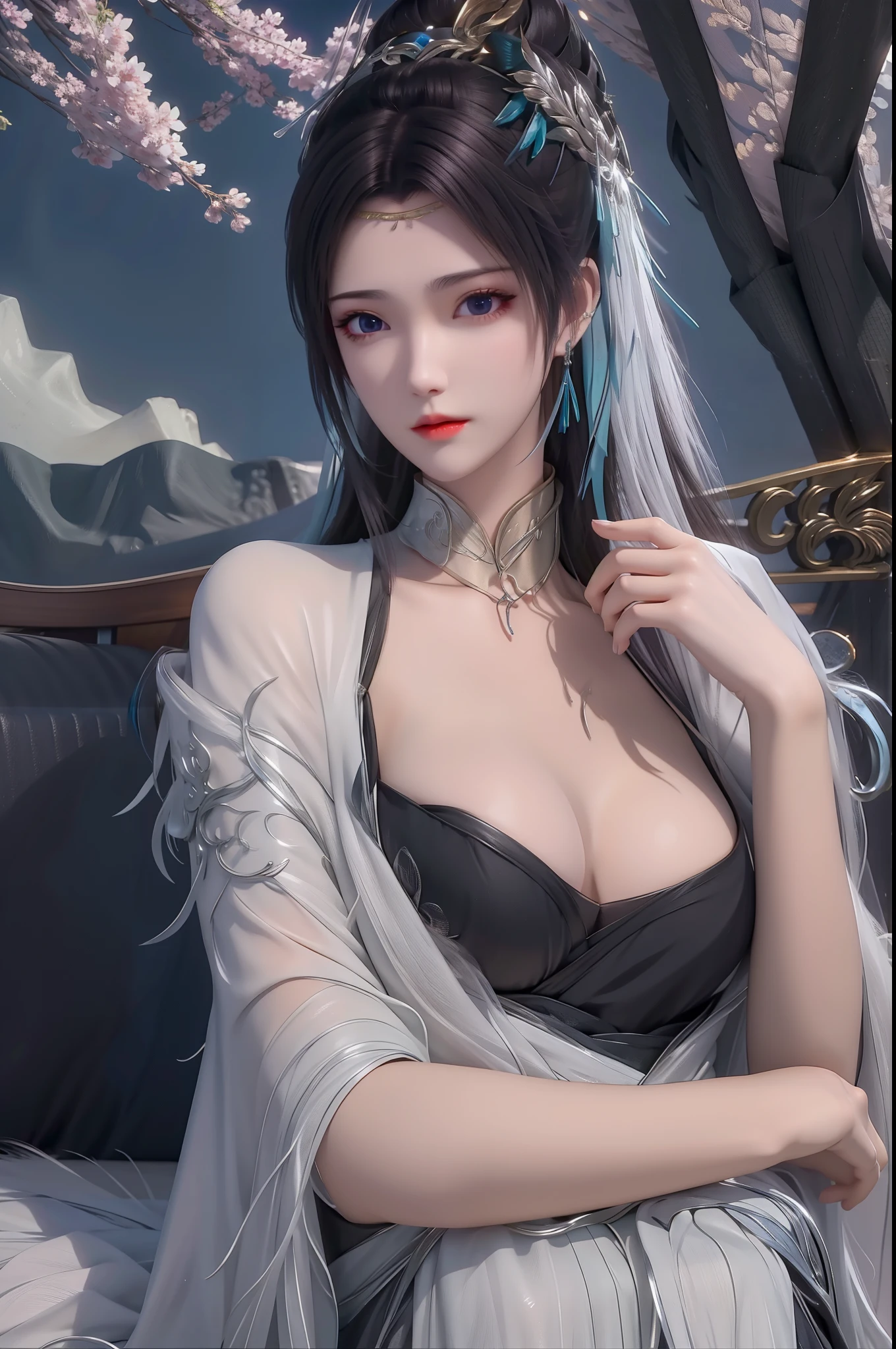 a close up of a woman in a black dress sitting on a couch, trending on cgstation, by Yang J, guweiz, artwork in the style of guweiz, ig model | artgerm, a beautiful fantasy empress, beautiful alluring anime woman, seductive anime girl, trending at cgstation, by Fan Qi, ruan jia and artgerm