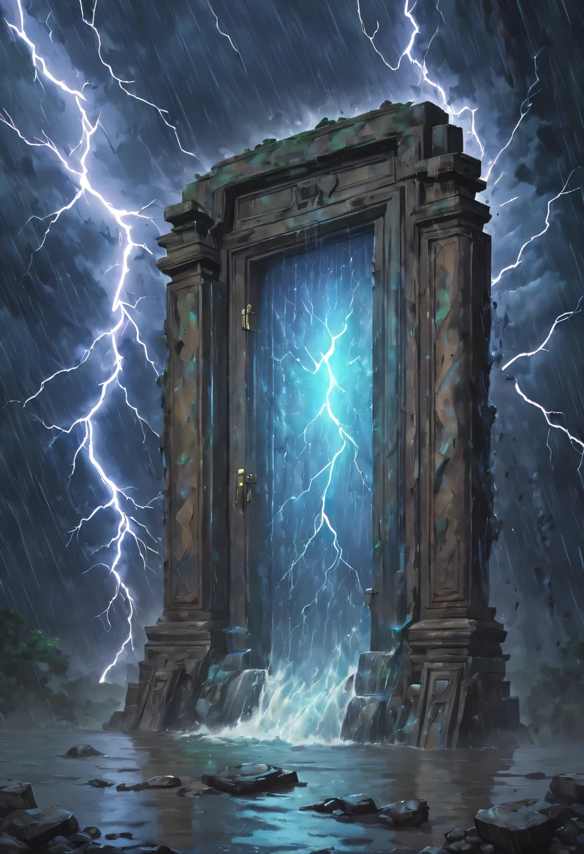 Night of heavy rain，Lightning and lightning，A few weathered stone pillars stand alone in the flood，Spliced into door shape，The mottled alien text flashes with a faint blue light，Heavy rain like waterfall，muddy river，The raging flood is about to submerge the ancient and mysterious portal