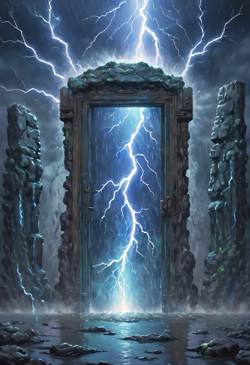 Night of heavy rain，Lightning and lightning，A few weathered stone pillars stand alone in the flood，Spliced into door shape，The mottled alien text flashes with a faint blue light，Heavy rain like waterfall，muddy river，The raging flood is about to submerge the ancient and mysterious portal