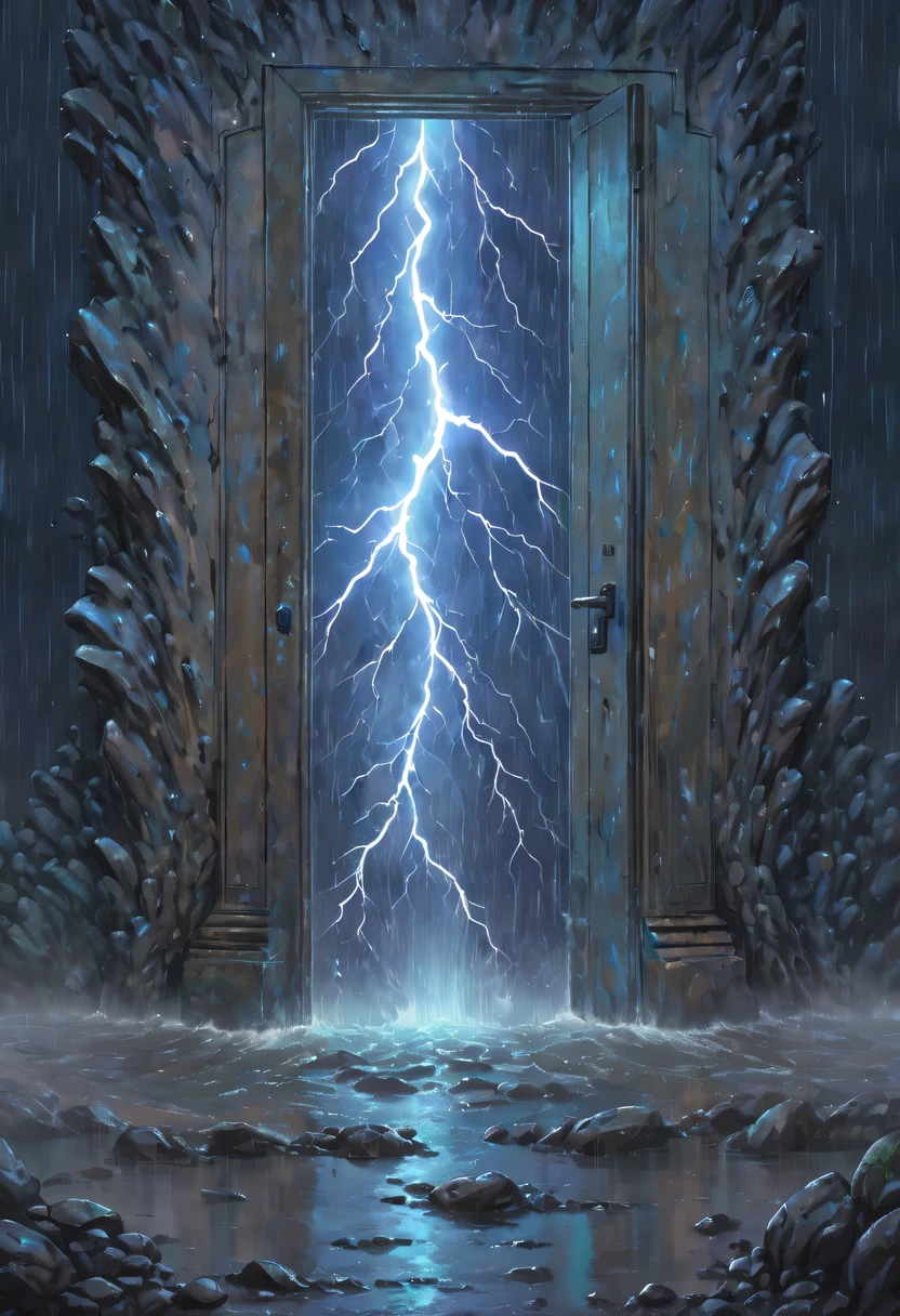 Night of heavy rain，Lightning and lightning，A few weathered stone pillars stand alone in the flood，Spliced into door shape，The mottled alien text flashes with a faint blue light，Heavy rain like waterfall，muddy river，The raging flood is about to submerge the ancient and mysterious portal