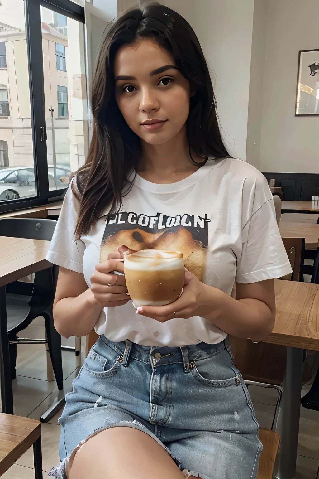 photo of beautiful women who is a food blogger with black hair and wearing a T shirt sitting in a Café having breakfast she is eating delicious looking pancakes and have cappuccino.