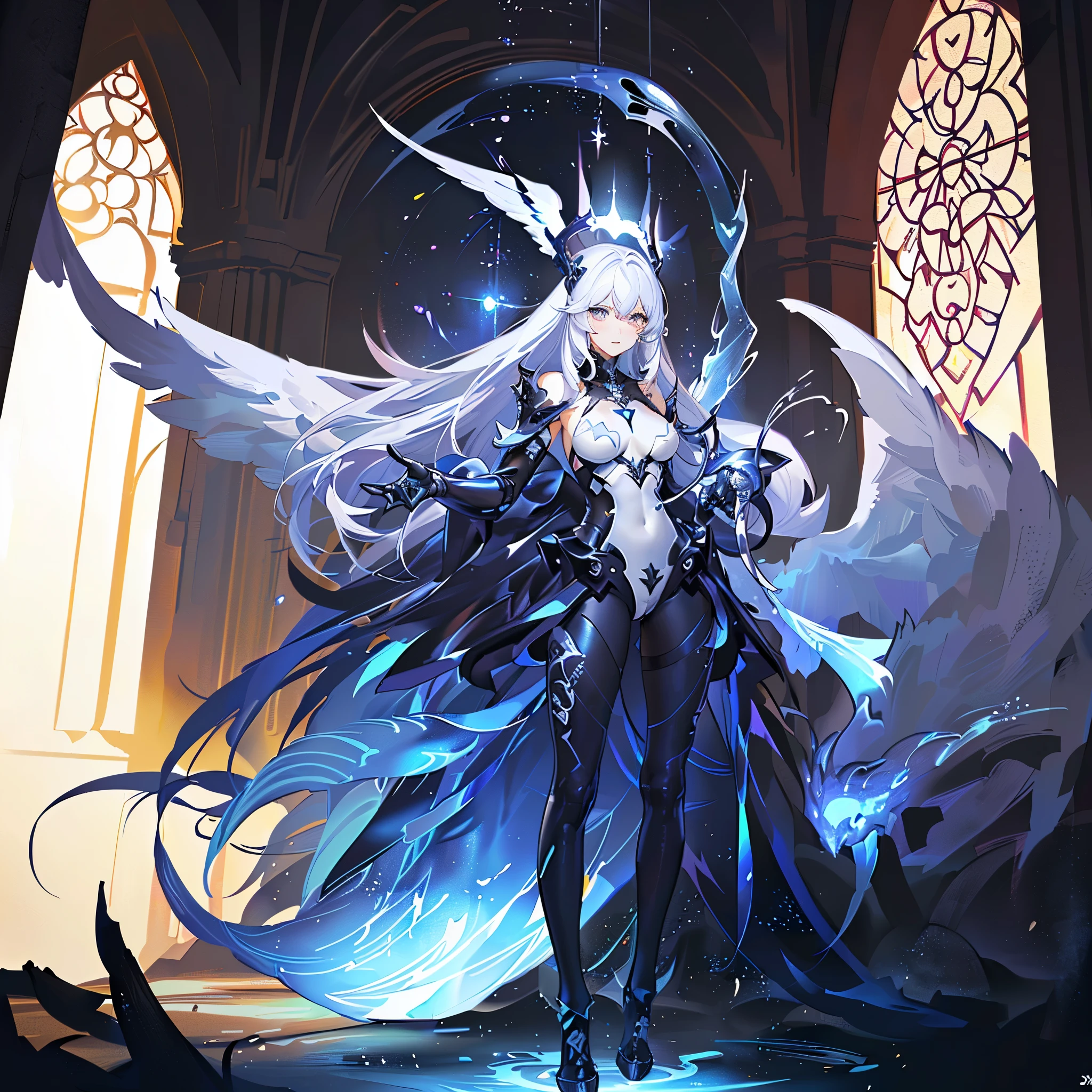 [(cathedral background:1.4)::5],original,(illustration:1.1),(best quality),(masterpiece:1.1),(extremely detailed CG unity 8k wallpaper:1.1), (colorful:0.9),(mid shot:0.95),(full body:1.5),Dynamic angle,(solo:1.2), (girl),(((adult))), (detailed beautiful eyes:1.15), (beautiful face:1.15), (glowing black eyes:1.25////),(blue long hair),(+perfect hand+:1.21),(Draw an illustration of a holy knight wizard),(Religious),(slender),(is wearing boots on her feet),((is wearing black thighhighs)),smile,(frilled mini skirt with metal decorations),beautiful slender adult,