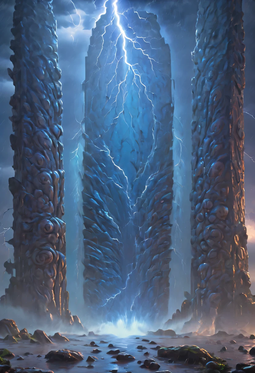 Night of heavy rain，Lightning and lightning，A few weathered stone pillars stand alone in the flood，Spliced into door shape，The mottled alien text flashes with a faint blue light，Heavy rain like waterfall，muddy river