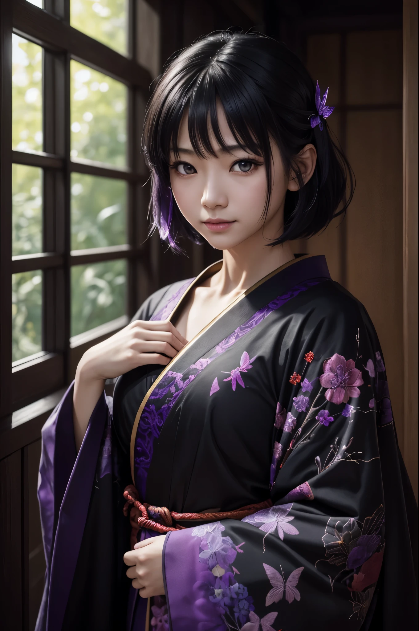 8K,Woman in Japan traditional costume,(dark shot:1.4), 80mm, (dark shot:1.4), 80mm, epic real, Big eyes,Black hair short bob hair,black and purple butterfly hair ornament,black kimono and red obi,black and purple butterfly pattern(Precise butterfly embroidery),purple eyes(purple effect),range murata, wonderful, matted, paul gauguin, art,soft cinematic light, adobe lightroom, photo lab, HDR, 複雑で非常にdetailed, (Depth of bounds written:1.4), (dark shot:1.22), Neutral Color, (HDR:1.4), (calm colors:1.4), (Complex), (artステーション:1.2), 超detailedな, dramatic, Complex細部, (technicolor:0.9), (rutkowski:0.8), cinematic, detailed, soft light, sharp, exposure blend, medium shot, Bokeh, (HDR:1.4), high contrast, (cinematic, teal and orange:0.85), (calm colors, dim color, calm colors調:1.3), low saturation, (超detailedな:1.2), (:0.4), soft light, sharp, exposure blend、medium shot、Bokeh、(HDR:1.4)、high contrast、low saturation、(hyper detail:1.2)、(:0.4)、(Complex細部:1.12)、HDR、(Complex細部、hyper detail:1.15)Photorealistic RAW photos of the highest quality。Bright colors,rich colors, Backlight, cinematic lighting, film grain, to be born, 50mm lens, Nikon D850,realistic skin,ファンタジーart,キャラクターart,ultra high resolution,realistic skin,sunset,Lots of poses,muscular slim body,verandah of a large mansion,in the forest,超realistic skin,full moon,late night,