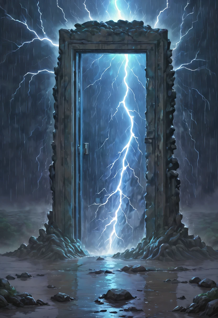 Night of heavy rain，Lightning and lightning，A few weathered stone pillars stand alone in the flood，Spliced into door shape，The mottled alien text flashes with a faint blue light，Heavy rain like waterfall，muddy river