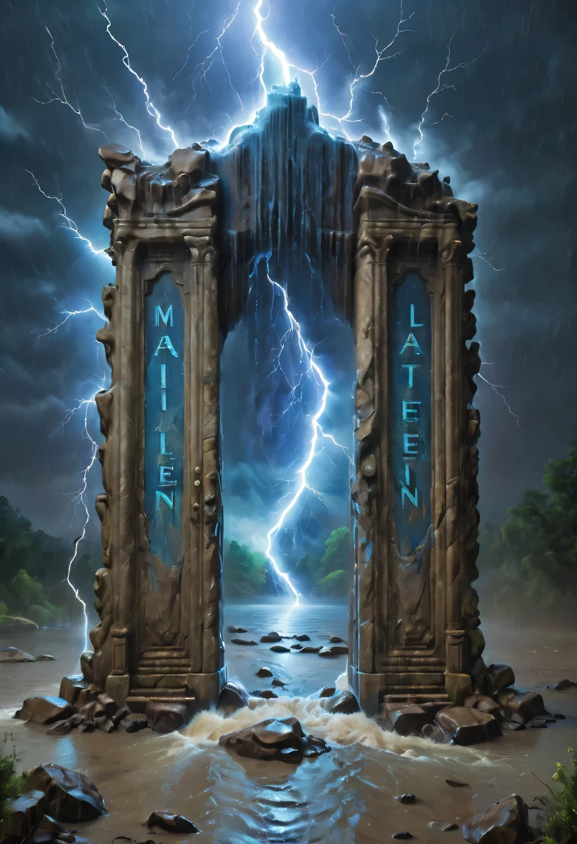 Night of heavy rain，Lightning and lightning，A few weathered stone pillars stand alone in the flood，Spliced into door shape，The mottled alien text flashes with a faint blue light，Heavy rain like waterfall，muddy river