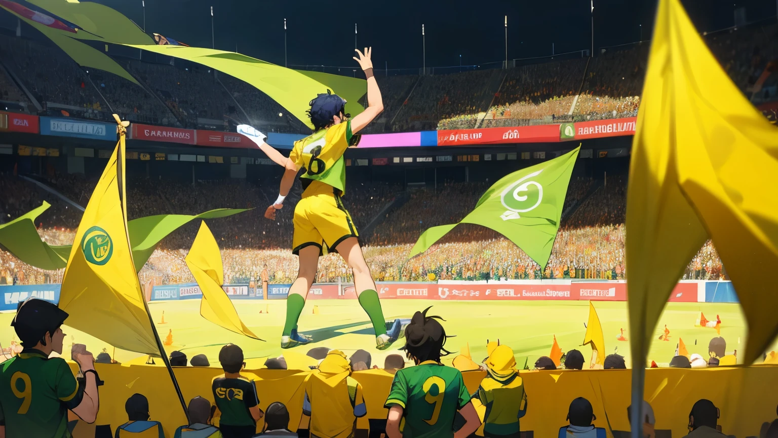Create an illustration of football players seen from behind. The players are wearing green jerseys with white shorts and green socks. Add uppercase names and numbers behind each player: Afnan with number 7, Shahalam with number 9, Faizan with number 11, Issa with number 10, Avais with number 4, Bilawal with number 2, Shahjahan with number 5, Aliyan with number 6, Ahtesham with number 8. Ali Hassan is the goalkeeper in a yellow jersey, yellow shorts, and yellow socks, with number 1. In the stands, include supporters waving the flag of Pakistan.