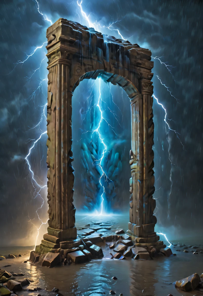 Night of heavy rain，Lightning and lightning，A few weathered stone pillars stand alone in the flood，Spliced into door shape，The mottled alien text flashes with a faint blue light，Heavy rain like waterfall，muddy river