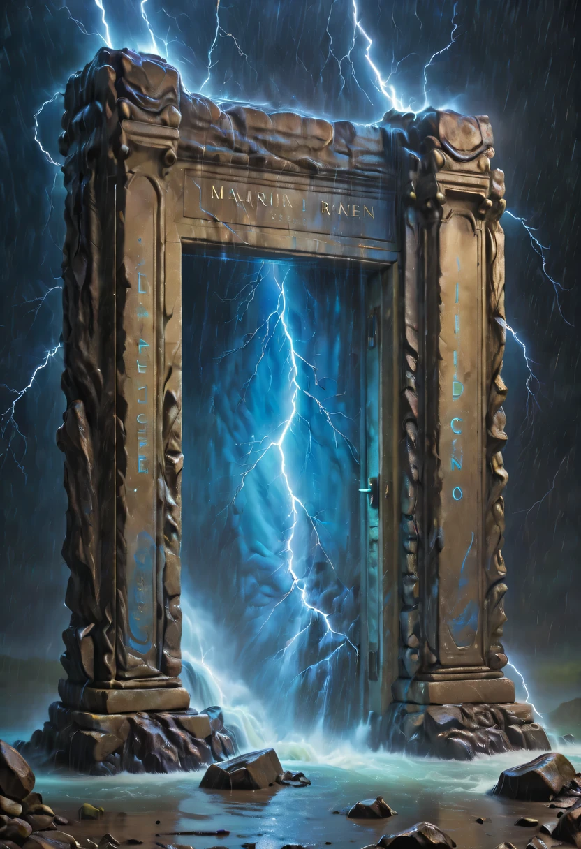 Night of heavy rain，Lightning and lightning，A few weathered stone pillars stand alone in the flood，Spliced into door shape，The mottled alien text flashes with a faint blue light，Heavy rain like waterfall，muddy river