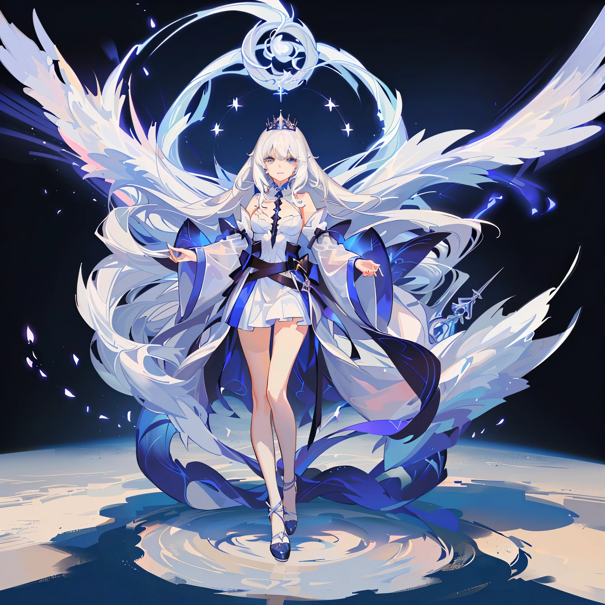 Anime girl with long white hair and blue skirt in the snow, White-haired God, White hair floating in the air, Anime Fantasy Illustration, Flowing white hair, beautiful youth spirit, Beautiful fantasy anime, Glowing and flowing hair, Ethereal animation, Beautiful anime artwork, Beautiful digital artwork, anime fantasy artwork, ((beautiful fantasy queen)), 2. 5 d cgi anime fantasy artwork
