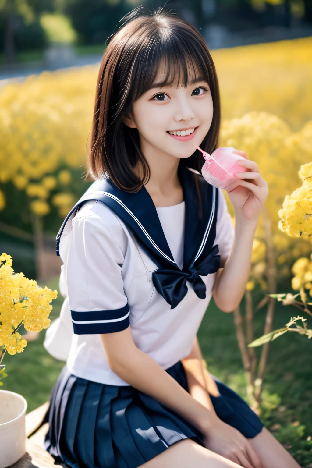 masterpiece, Best Quality, 8K, 1 girl, (18 years old), Teen ager, Raw photo, smile, Solo, (A super cute idol-like face:1.2), Delicate girl, Black hair, middle bob hair, straight hair, bangs, Looking at Viewer, Candid, Sophisticated, Professional Lighting, Film grain,  whole body, beautiful figure, The background is a field of yellow rape blossoms and rows of cherry blossom trees,  (White shirt, sailor school uniform, navy pleated skirt:1.2), tiny chest, Cherry Blossom, Sitting on the bench, (drink juice:1.3),