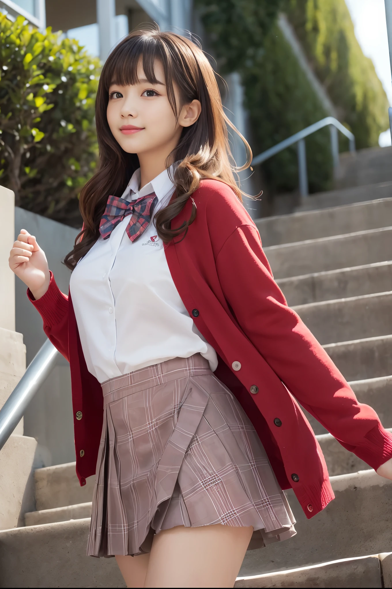 ((masutepiece, Best Quality, hight resolution, nffsw, Perfect Pixel, 4K, nffsw, nffsw))), 1girl in, Single, Solo, Beautie、full body seen、 ((Middle Wave Hair, Bangs, Brown hair)), ((Brown-eyed, Beautiful eyelashes, Realistic eyes)), ((Detailed face, Blushing:1.2)), ((Smooth texture:0.75, Realistic texture:0.65, Photorealistic:1.1, Anime CG style)), medium breasts, Dynamic Angle, Perfect body, ((red bowtie, School uniform, Black jacket, Open jacket, Brown cardigan, White shirt, Black skirt, plaid skirts)), stairs at school、Looking up from the bottom of the stairs、Very embarrassing panic smile, turned around、bending forward、(The wind flipped my skirt and exposed my butt......、Touching the buttocks with both hands、Light blue lace panties)、