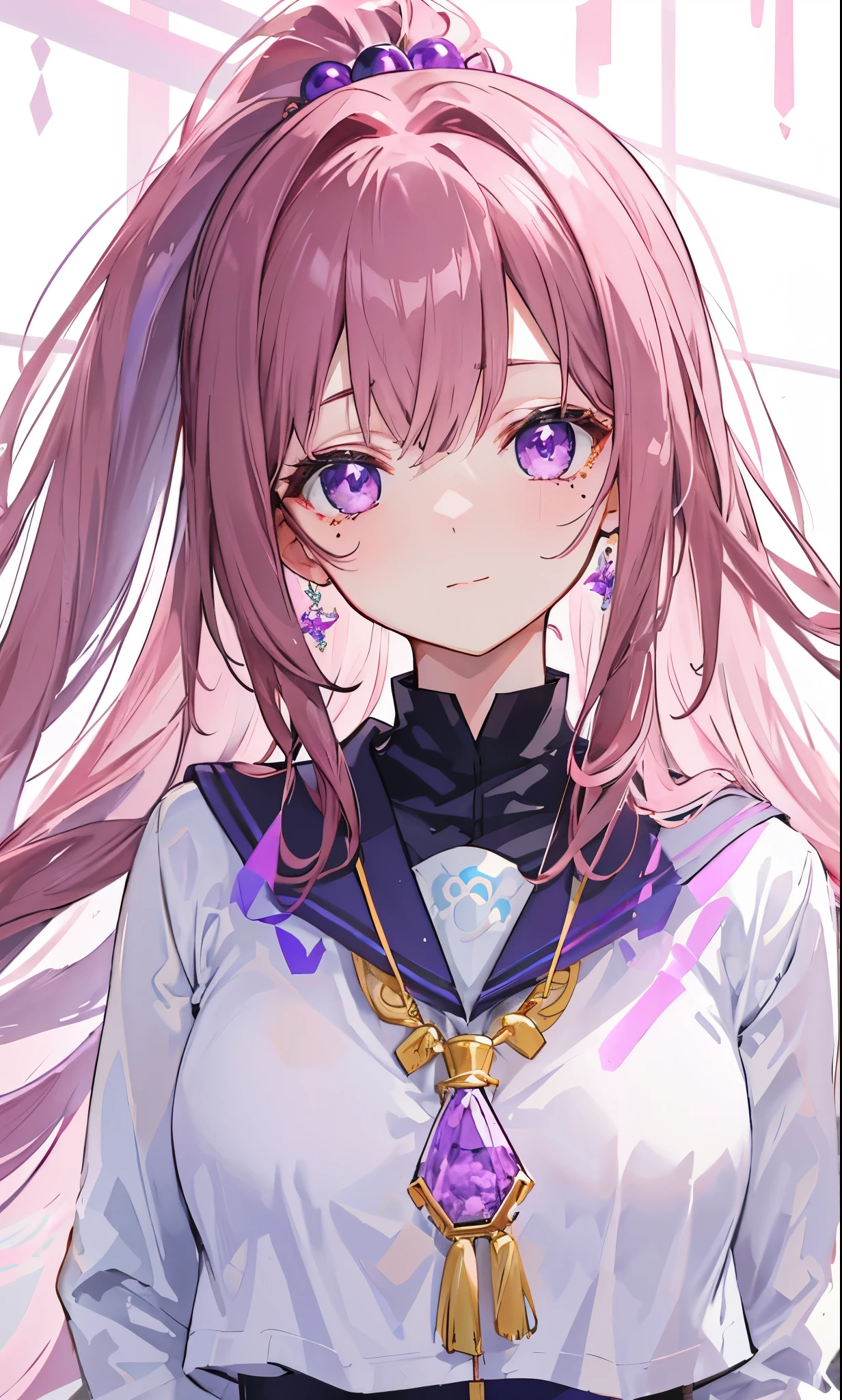 Thick pink brown hair,high ponytail,Beautiful, soulful and delicate deep purple eyes,Sweet and soft girl,特别软萌cute,There are beauty moles,Wearing a white JK school uniform,blue leather jacket,teenage girl feeling,The body is fluorescent,十分Amazing,Beautiful and beautiful,Very nice face、figure,purple crystal necklace,Particularly clear、Amazing、pure、Sunlight、cute,He has a very simple character,Sister Neptune who looks like a little white rabbit
