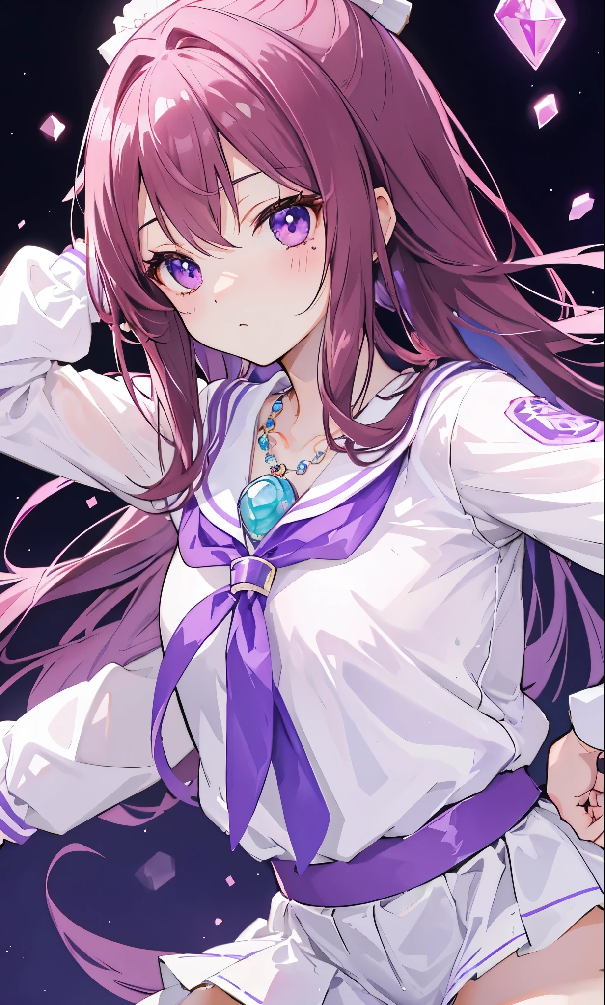 Thick pink brown hair，high ponytail，Beautiful, soulful and delicate deep purple eyes，Sweet and soft girl，特别软萌cute，There are beauty moles，Wearing a white JK school uniform，blue leather jacket，teenage girl feeling，The body is fluorescent，十分Amazing，Beautiful and beautiful，Very nice face、figure，purple crystal necklace，Particularly clear、Amazing、pure、Sunlight、cute，He has a very simple character，Sister Neptune who looks like a little white rabbit