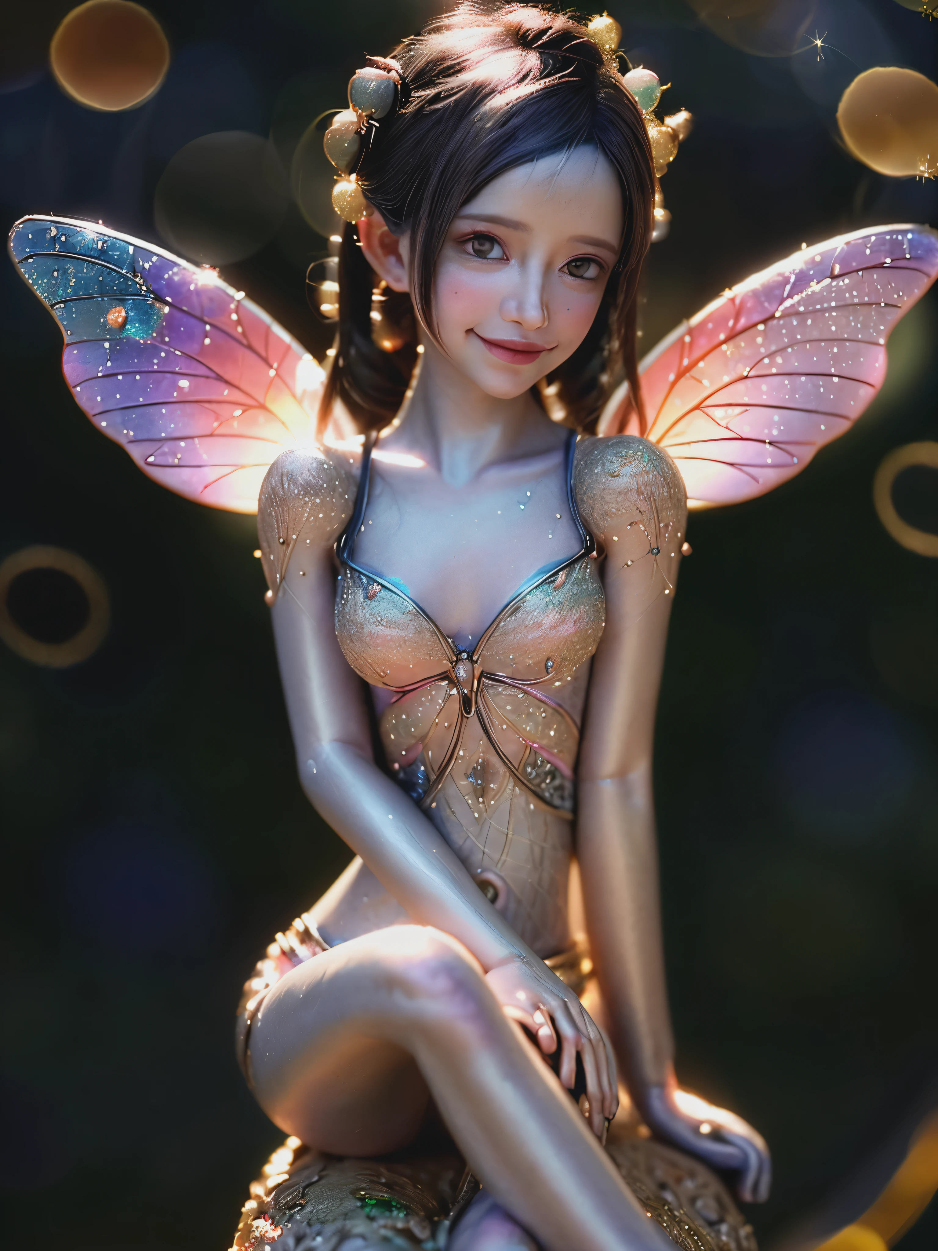 Delicate mini anime fairies, tiny and adorable, depicted gracefully sitting on the tip of a finger. This breathtaking image, conveys the unearthly beauty of these miniature creatures. Every intricate detail is carefully drawn, showing off his intricate wings, sparkling with bright colors, and bodies, decorated with intricate patterns.. The artist’s masterful technique allows him to exquisitely convey even the smallest facial features of fairies.., allowing viewers to appreciate the pure quality and precision of this captivating image., playful body manipulation, smile, Look at the camera, fancy lighting, charming atmosphere, Soft textures, Imaginative work of art, Ethereal Radiance, Quiet luminescence, Whispering quiet, Rainbow meeting, glitter pixie dust, bright background, by Skyrn99, whole body, (((Rule of thirds))), High quality, high detail, a high resolution, (hips:2), backlight, long-term exposure:2
