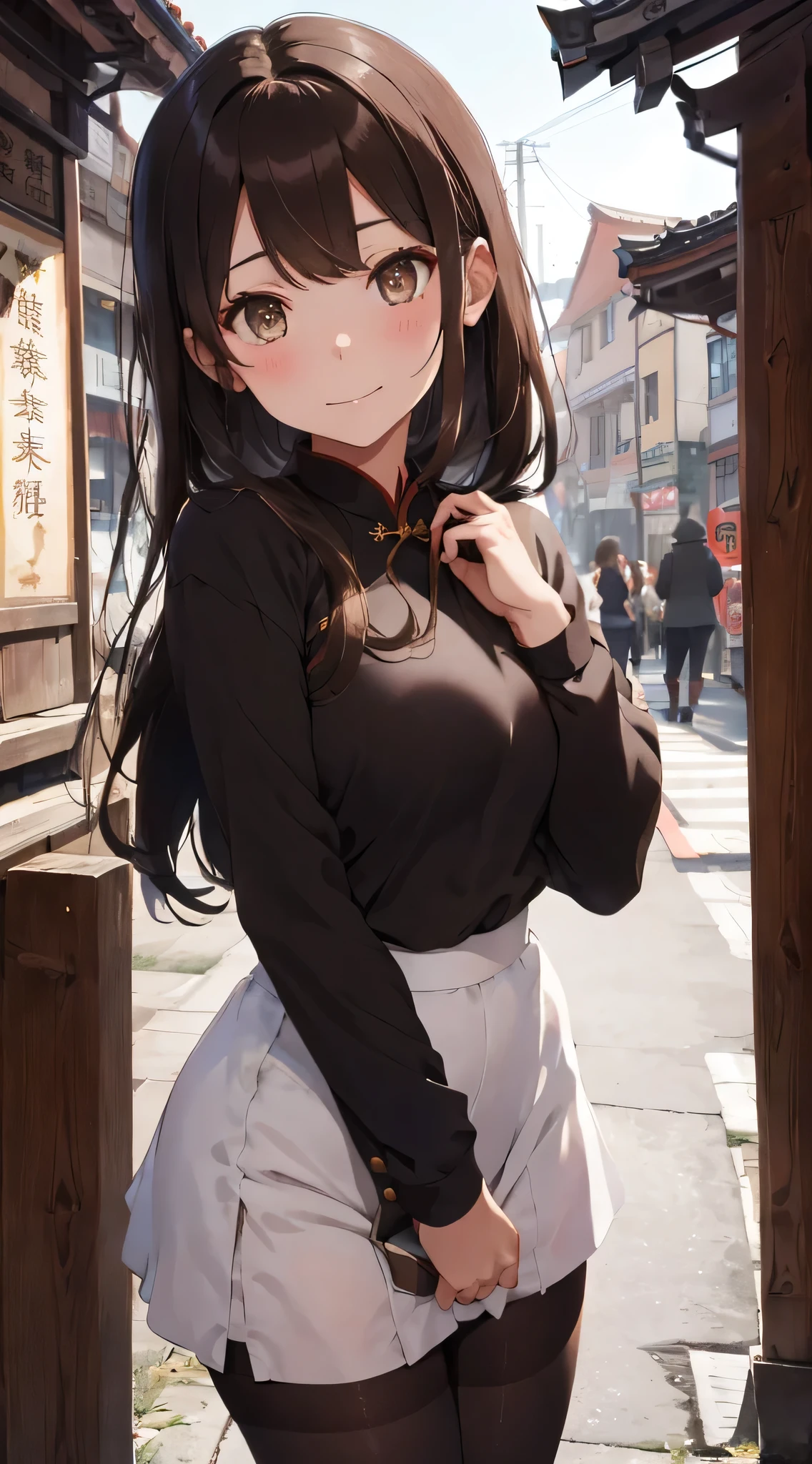 1 girl, long brown hair, brown eyes, Wearing a black cheongsam, white pantyhose, temple,No smile, don't hold anything, Chinese, high resolution, super sharp, 8k, masterpiece, looking at the audience