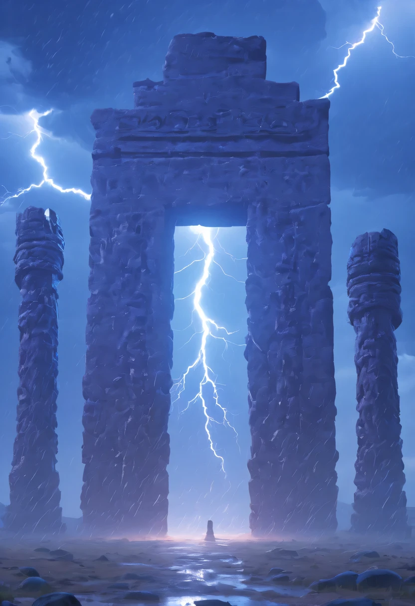 Night of heavy rain，Lightning and lightning，A few weathered stone pillars stand alone in the flood，Spliced into door shape，The mottled alien text flashes with a faint blue light，Heavy rain like waterfall，muddy river