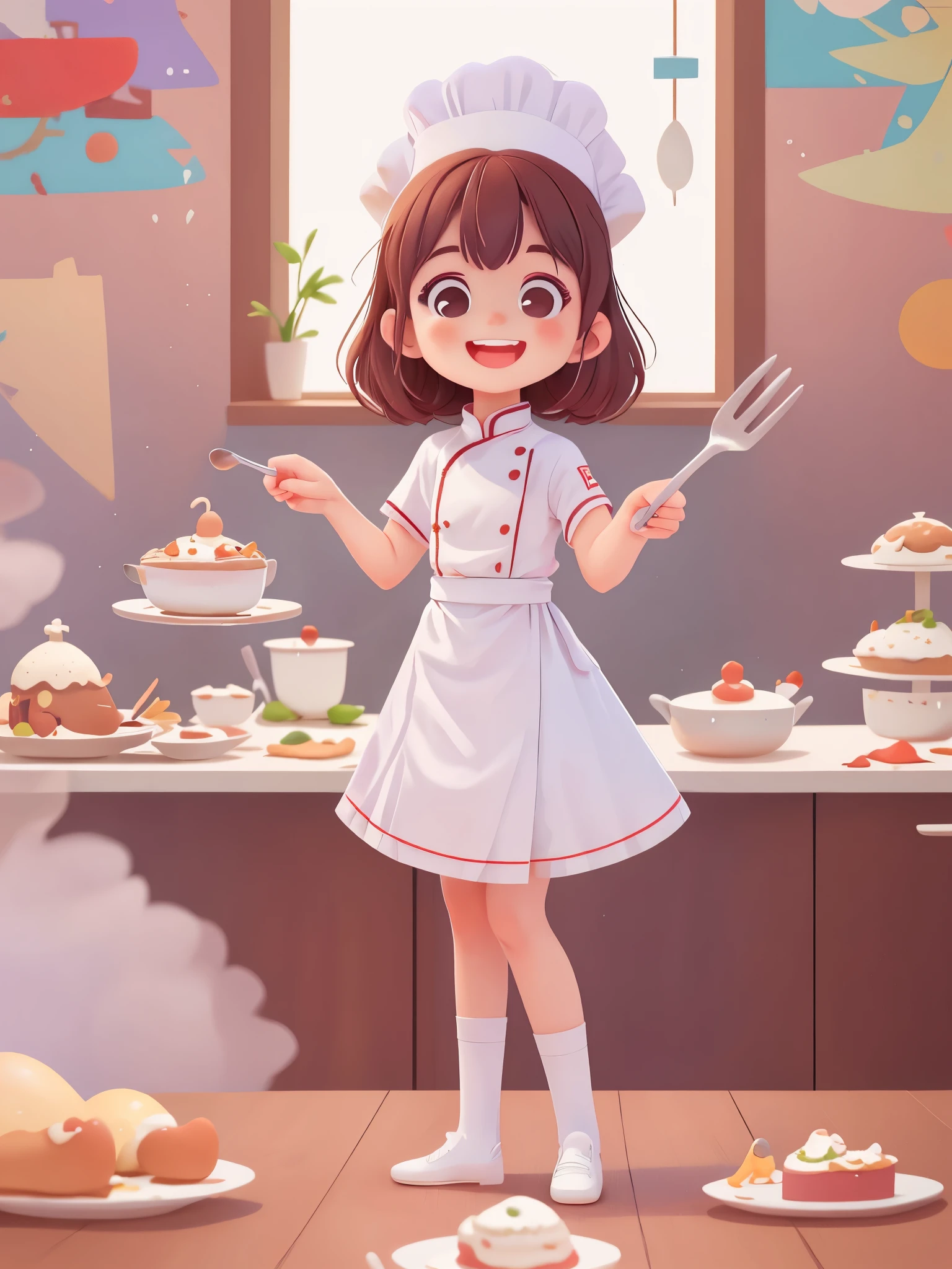 Cute girl who dreams of becoming a chef, preschool,Dress up as a chef,wear(((White chef's costume))), White tall chef hat,Spoon in hand,Stand in the kitchen,smiling, (masterpiece: 1.2) (actual: 1.2) (Bokeh) (best quality) (delicate skin: 1.3) (intricate details) (8k) (exquisite eyes) (sharp focus), (happy)