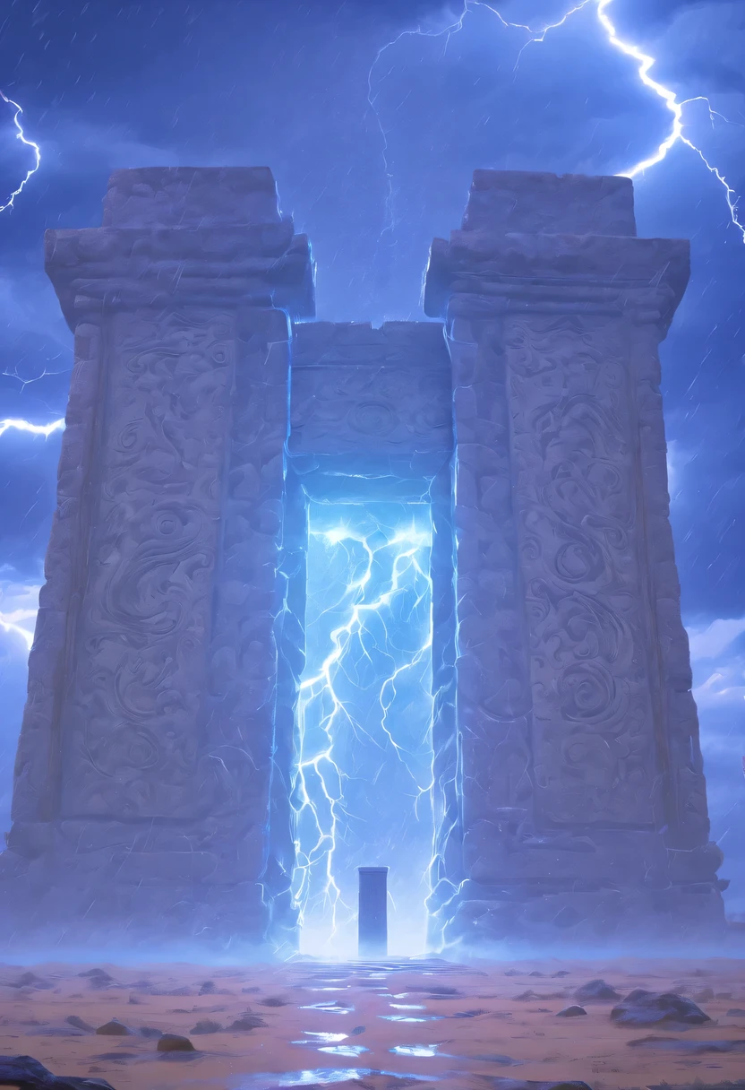 Night of heavy rain，Lightning and lightning，A few weathered stone pillars stand alone on the barren land，Spliced into door shape，The mottled alien text flashes with a faint blue light