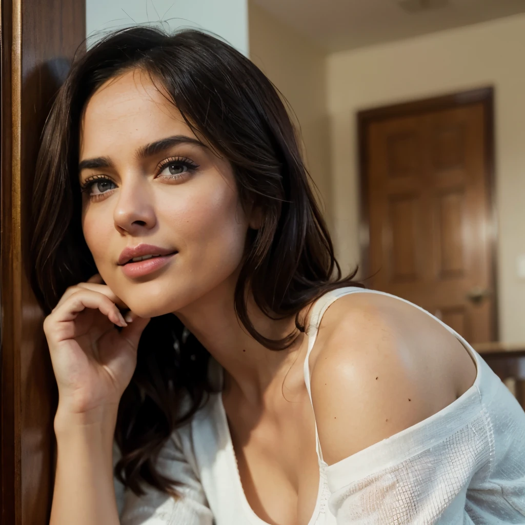 Amateur photo of a gorgeous woman teasing, looking at viewer, sexy, plump, perfect body, casual clothes, girl next door, white skin, subtle smile, lips apart, face ( taylorswift | salma hayek | dakota johnson ) , red hair, short hair, hair attached, hair bun, big natural breasts, long saggy breasts, amateur photo, iPhone X,
