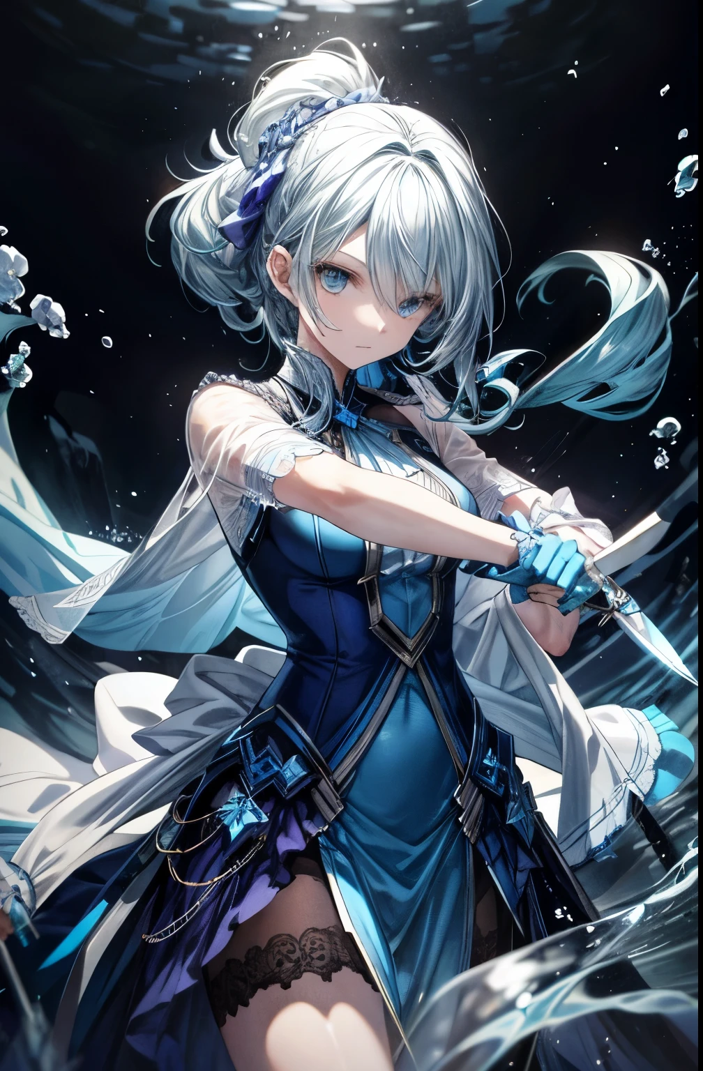 (((Masterpiece、Highest quality、Official Art、Super detailed、Handsome face、Dynamic composition)))、Anime Style、(Milky white and blue hair:1.3),(blue eyes:1.4),(Bright colors:1.4),((Hemp leaf background:1.3)),, Cool girl in gothic lolita outfit posing in palace, mini skirt, Frills, 黒 and blue outfit,Katana