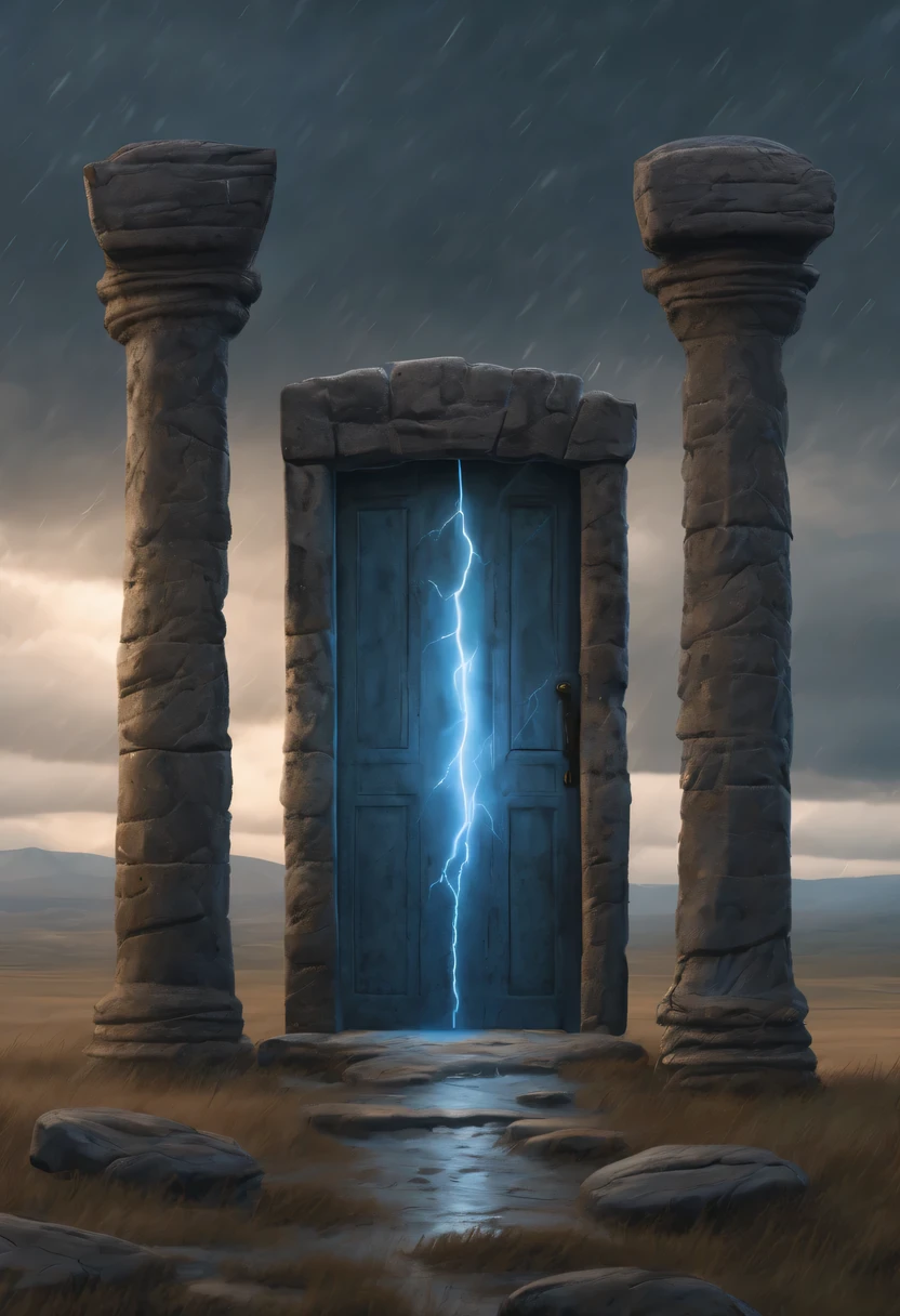 Night of heavy rain，Lightning and lightning，A few weathered stone pillars stand alone in the flood，Spliced into door shape，The mottled alien text flashes with a faint blue light，Heavy rain like waterfall，muddy river