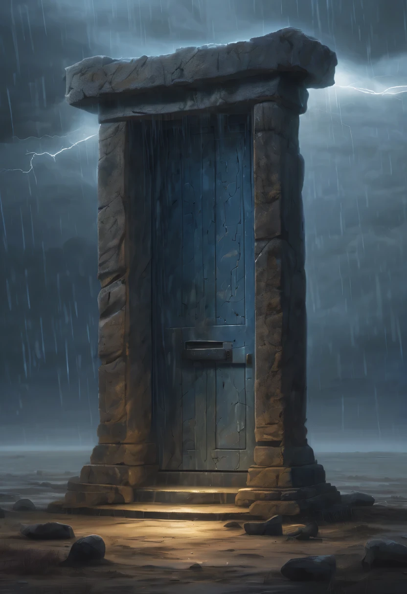 Night of heavy rain，Lightning and lightning，A few weathered stone pillars stand alone in the flood，Spliced into door shape，The mottled alien text flashes with a faint blue light，Heavy rain like waterfall，muddy river