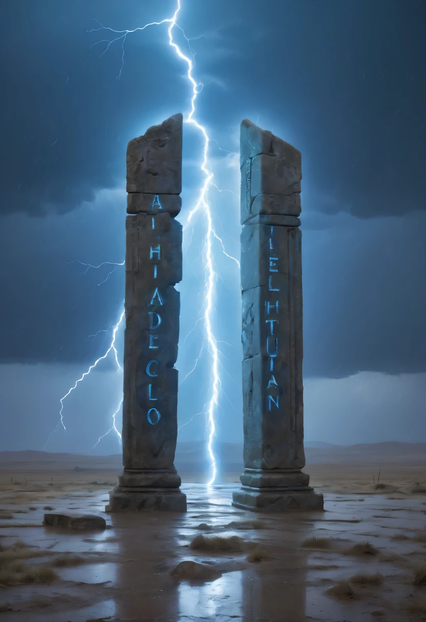 Night of heavy rain，Lightning and lightning，A few weathered stone pillars stand alone in the flood，Spliced into door shape，The mottled alien text flashes with a faint blue light，Heavy rain like waterfall，muddy river