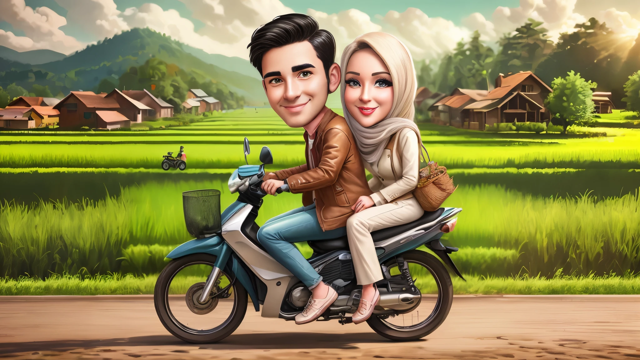 cartoon couple riding a motorcycle in a rural area, cartoon artstyle, cartoon art style, cartoon art, cartoon digital art, digital art cartoon, caricature illustration, digital cartoon painting art, cartoon style illustration, cartoon digital painting, realism artstyle, photorealistic!!!!!!! art style, in cartoon style, happy couple, lovely couple, caricature style, potrait