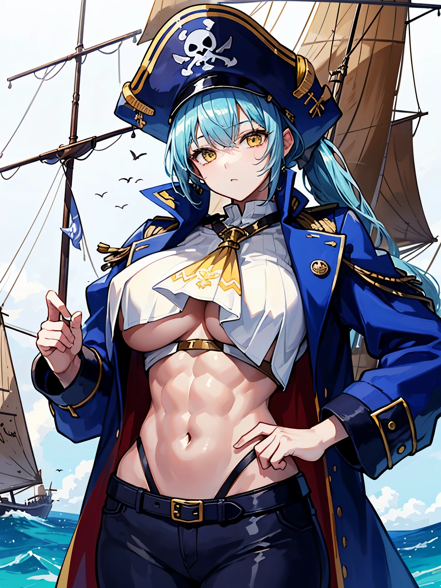 （（（masterpiece、Highest image quality、highest quality、highly detailed unity 8ｋwallpaper）））、（（Illustration of one girl、upper body））、（（（beautiful girl）））、（female pirate）、（Light light blue hair、short ponytail：1.2、yellow eyes）、（（tall））、（（（muscle girl, muscle, bulky figure, massive frame, thick neck, sturdy arms, powerful legs、solid chest）））、（captain&#39;s suit、Pirate hat、Blue coat、shirt、pants）、Pirate ship deck、Old sailing ship