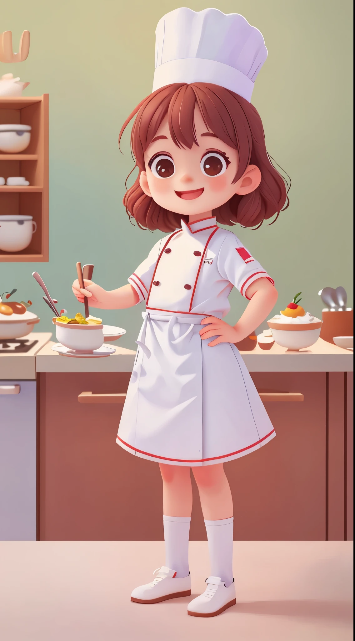 Cute girl who dreams of becoming a chef, ,Dress up as a chef,wear(((White chef's costume))), White tall chef hat,Spoon in hand,Stand in the kitchen,smiling, (masterpiece: 1.2) (actual: 1.2) (Bokeh) (best quality) (delicate skin: 1.3) (intricate details) (8k) (exquisite eyes) (sharp focus), (happy)