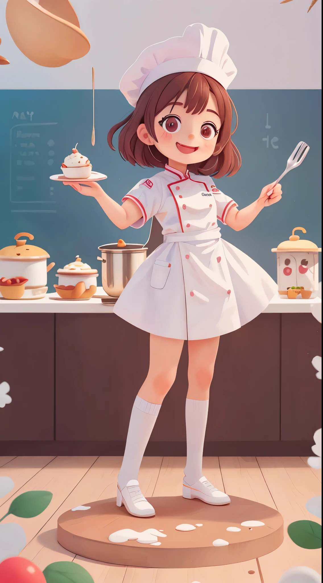 Cute girl who dreams of becoming a chef, ,Dress up as a chef,wear(((White chef's costume))), White tall chef hat,Spoon in hand,Stand in the kitchen,smiling, (masterpiece: 1.2) (actual: 1.2) (Bokeh) (best quality) (delicate skin: 1.3) (intricate details) (8k) (exquisite eyes) (sharp focus), (happy)