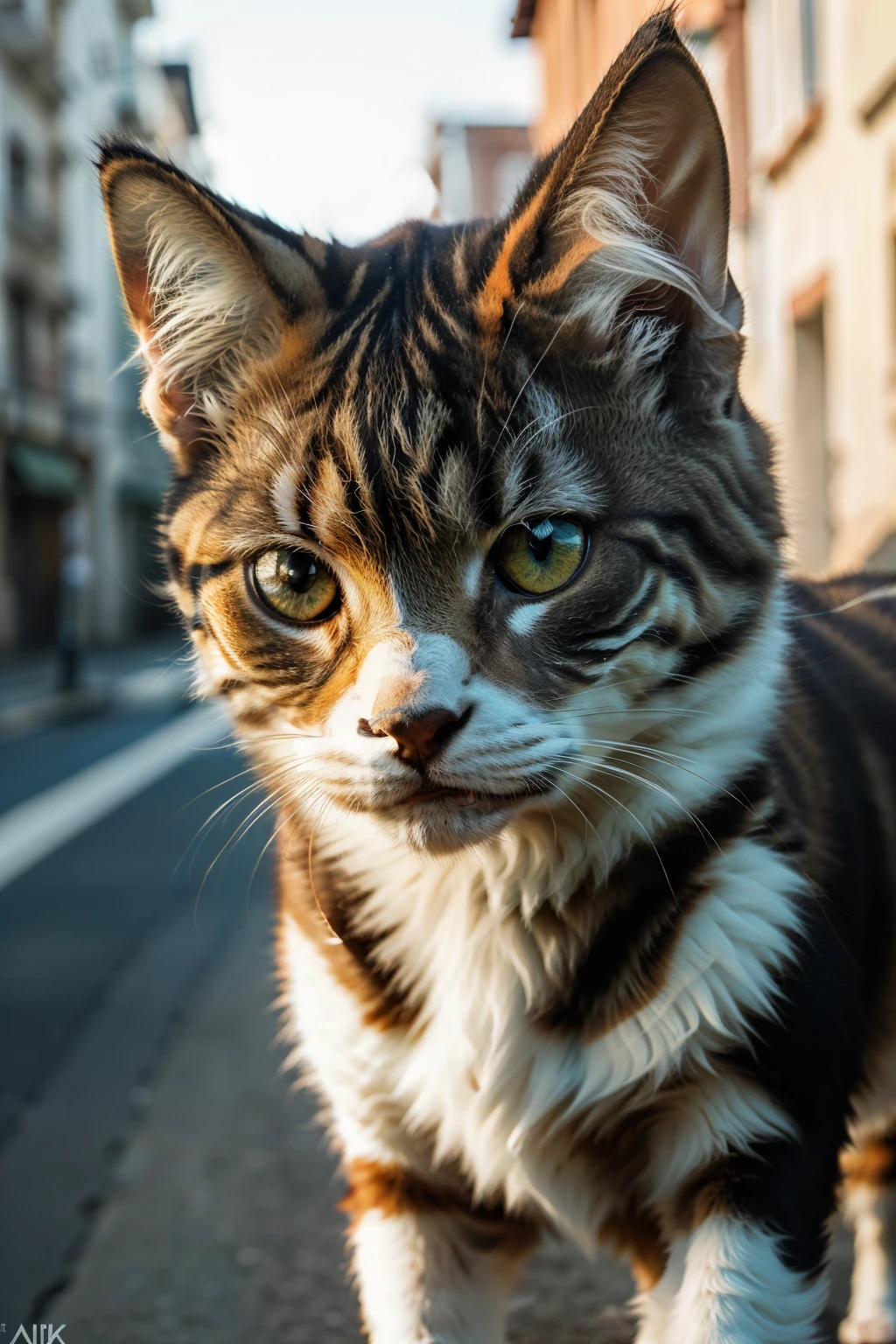 Cute adorable cat, roaming freely in the street, orange and white stripes, detailed features, 5 years old, innocent expression, fluffy fur, high-resolution, masterpiece, best quality, intricate details, highly detailed, sharp focus, lifelike skin texture, texture, expressive eyes, professional, 4k, playful demeanor, captured on Nikon, 50mm, shallow depth of field, accurate color representation, perfectly proportioned body, ultra-detailed, ultra-realistic, realism, post-processing, maximum detail, roughness, real life, ultra-realistic, photography, 8k uhd, photography.