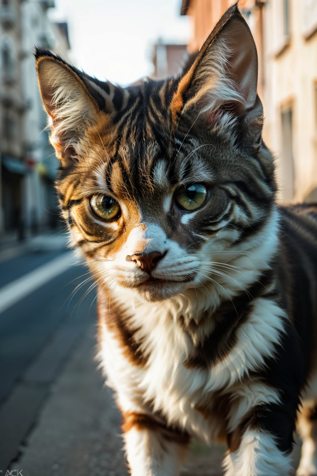 Cute adorable cat, roaming freely in the street, orange and white stripes, detailed features, 5 years old, innocent expression, fluffy fur, high-resolution, masterpiece, best quality, intricate details, highly detailed, sharp focus, lifelike skin texture, texture, expressive eyes, professional, 4k, playful demeanor, captured on Nikon, 50mm, shallow depth of field, accurate color representation, perfectly proportioned body, ultra-detailed, ultra-realistic, realism, post-processing, maximum detail, roughness, real life, ultra-realistic, photography, 8k uhd, photography.