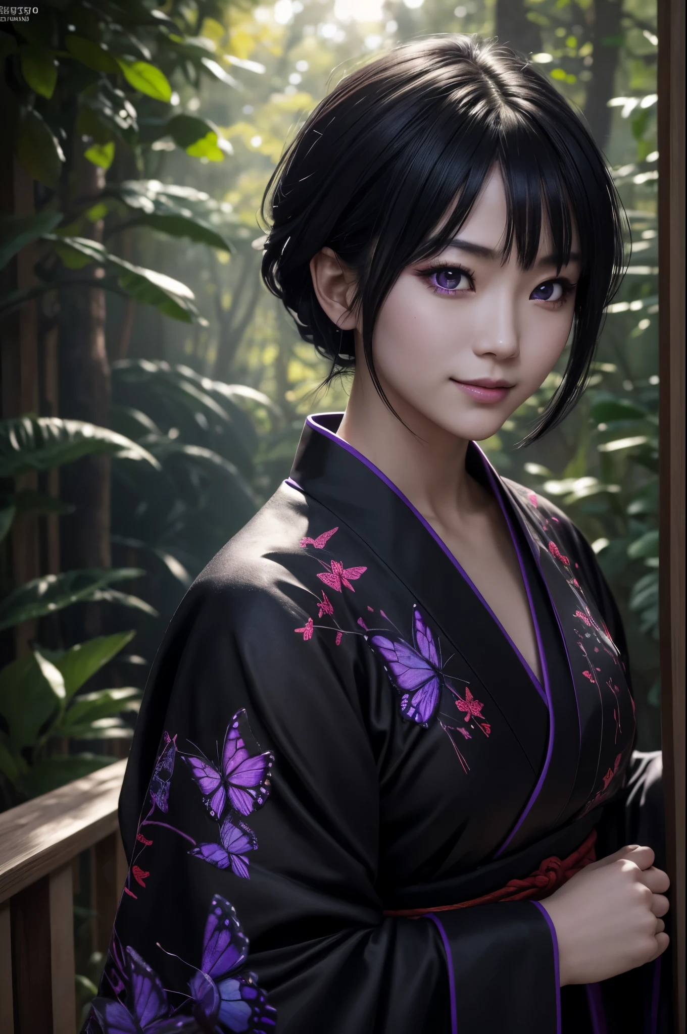 8K,Woman in Japan traditional costume,(dark shot:1.4), 80mm, (dark shot:1.4), 80mm, epic real, Big eyes,Black hair short bob hair,black and purple butterfly hair ornament,black kimono and red obi,black and purple butterfly pattern(Precise butterfly embroidery),purple eyes(purple effect),range murata, wonderful, matted, paul gauguin, art,horror movie lights, adobe lightroom, photo lab, HDR, 複雑で非常にdetailed, (Depth of bounds written:1.4), (dark shot:1.22), Neutral Color, (HDR:1.4), (calm colors:1.4), (Complex), (artステーション:1.2), 超detailedな, dramatic, Complex細部, (technicolor:0.9), (rutkowski:0.8), cinematic, detailed, soft light, sharp, exposure blend, medium shot, Bokeh, (HDR:1.4), (noir:0.4), horror light,sharp, exposure blend、medium shot、Bokeh、(HDR:1.4)、high contrast、low saturation、(hyper detail:1.2)、(noir:0.4)、(Complex細部:1.12)、HDR、(Complex細部、hyper detail:1.15)Photorealistic RAW photos of the highest quality。Bright colors,rich colors, Backlight, cinematic lighting, film grain, to be born, 50mm lens, Nikon D850,realistic skin,ファンタジーart,キャラクターart,ultra high resolution,Lots of poses,muscular slim body,verandah of a large mansion,in the forest,super realistic skin,late night,smile,underworld devil makeup,