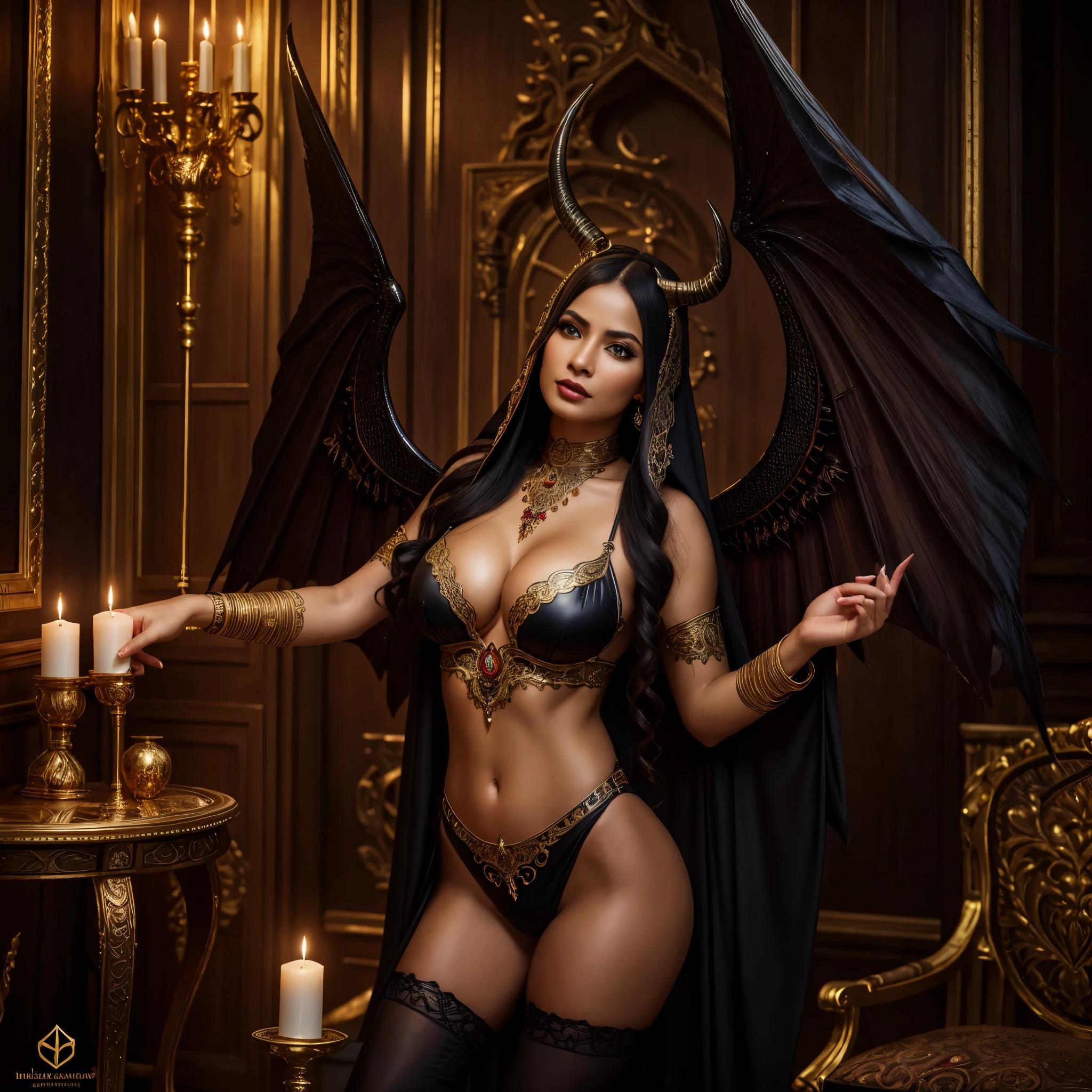 (best quality,highres:1.2),ultra-detailed,realistic,portrait,high fantasy,sexy busty Malaysian woman(age 40),jewel hijab,bikini,tames a devil,arcane chamber,well-lit room,vibrant colors,exquisite details,seductively poses,confident expression,mesmerizing eyes,long wavy hair,fine jewelry,ornate tattoos,chiseled features,soft skin,golden light,elaborate spell casting,richly decorated surroundings,enchanted atmosphere,mythical creatures in the background,elaborate tapestries,handsome yet sinister devil,subdued black and red color scheme,gentle candlelight,Northern European architecture,ethereal shimmer,curved horns,dark wings,burnished scales,dangerous yet alluring presence