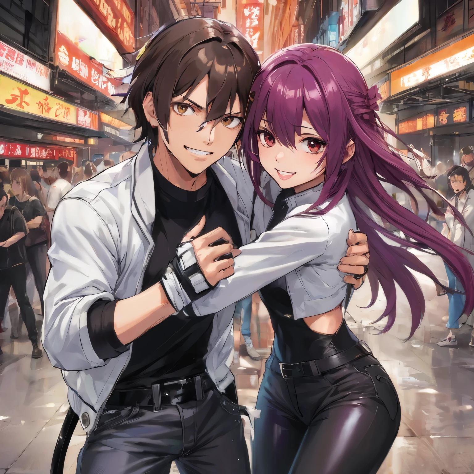 (masterpiece, best quality, ultra-detailed),(emotional moment,gentle touch,lovely atmosphere),(1man,1girl, military laughing open mouth excited man:1.3,blushing tsundere girl, surprised, white shirt, green military pants, dynamic angle, military holster, excited, hand on shoulder), (concrete background). Tatsuya Endo, Greg Rutkowski, Pixiv, Artstation.