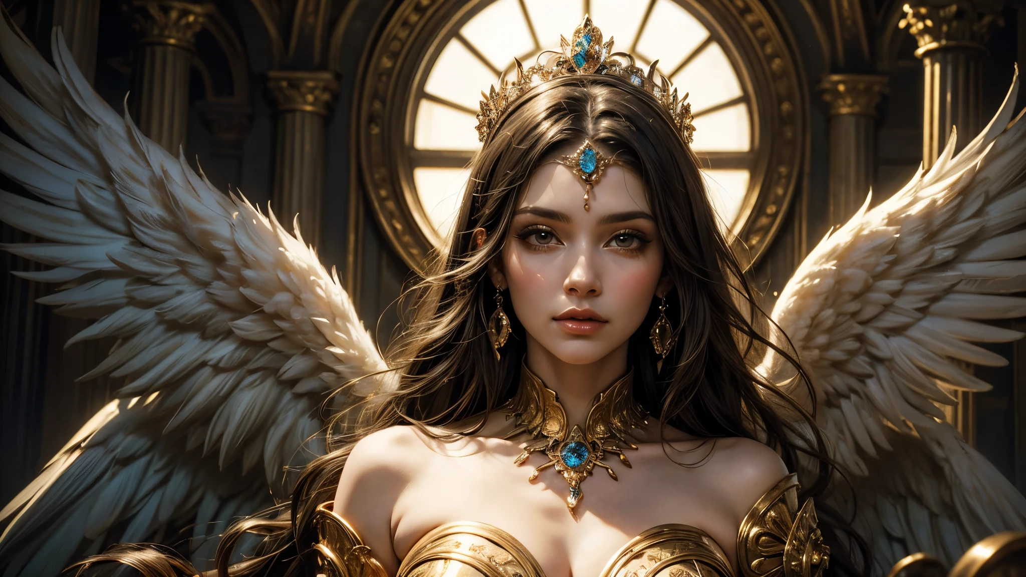 masterpiece,top quality,best quality,official art,(Beauty and Aesthetics:1.2),(masterpiece:1.3), (8k, realistically, RAW photos, best quality: 1.4), beautiful face, (Realistic face),ultra high resolution, Super real photos, The content is very detailed, golden ratio, (Energetic:1.3),(saturation:1.3),unreal engine, (high detail: 1.9),(woman:1.4),(big breasts),a mature woman,halo above head,feathered wings,Gorgeous armor,Destroyed city in the background,medium portrait,drama,(magic),(middle Ages:1.8),(glowing sword:1.5)