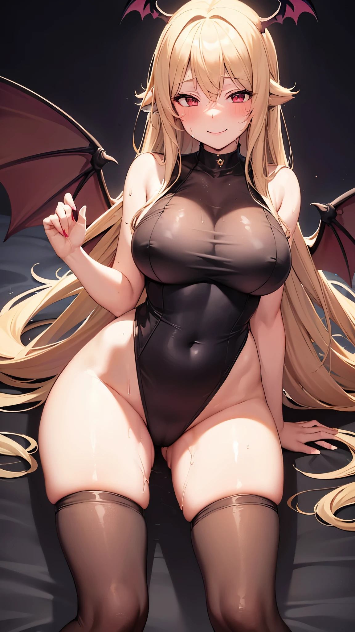 1 adult woman, (smile: 1.4), adult, blonde, wavy long hair, big, J cup, (High leg: 1.4), (succubus: 1.4), (sweating: 1.2),bat wings