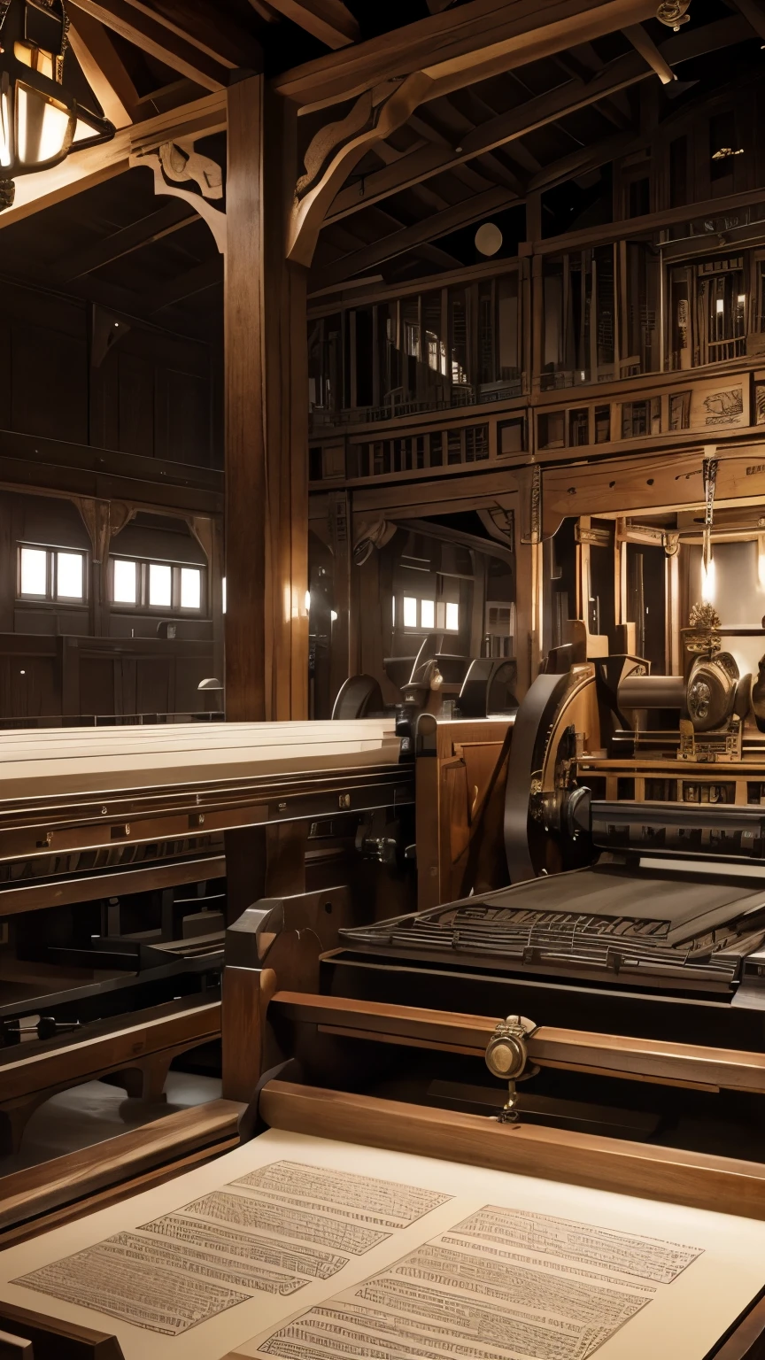 Compelling scene of the Gutenberg press in action, capturing the essence of historic printing. The intricate machinery of the press is meticulously detailed, and the rhythmic sounds of the press echo through the (dimly lit workshop: 1.1). Sheets of paper glide smoothly through the rollers, each imprinted with the (revolutionary moveable type: 1.2). The (warm glow: 1.1) of the press illuminates the surroundings, revealing the craftsmanship involved in this groundbreaking technology. This (historically accurate rendering: 1.3) transports viewers to the heart of the Renaissance, witnessing the birth of a new era in communication and knowledge dissemination