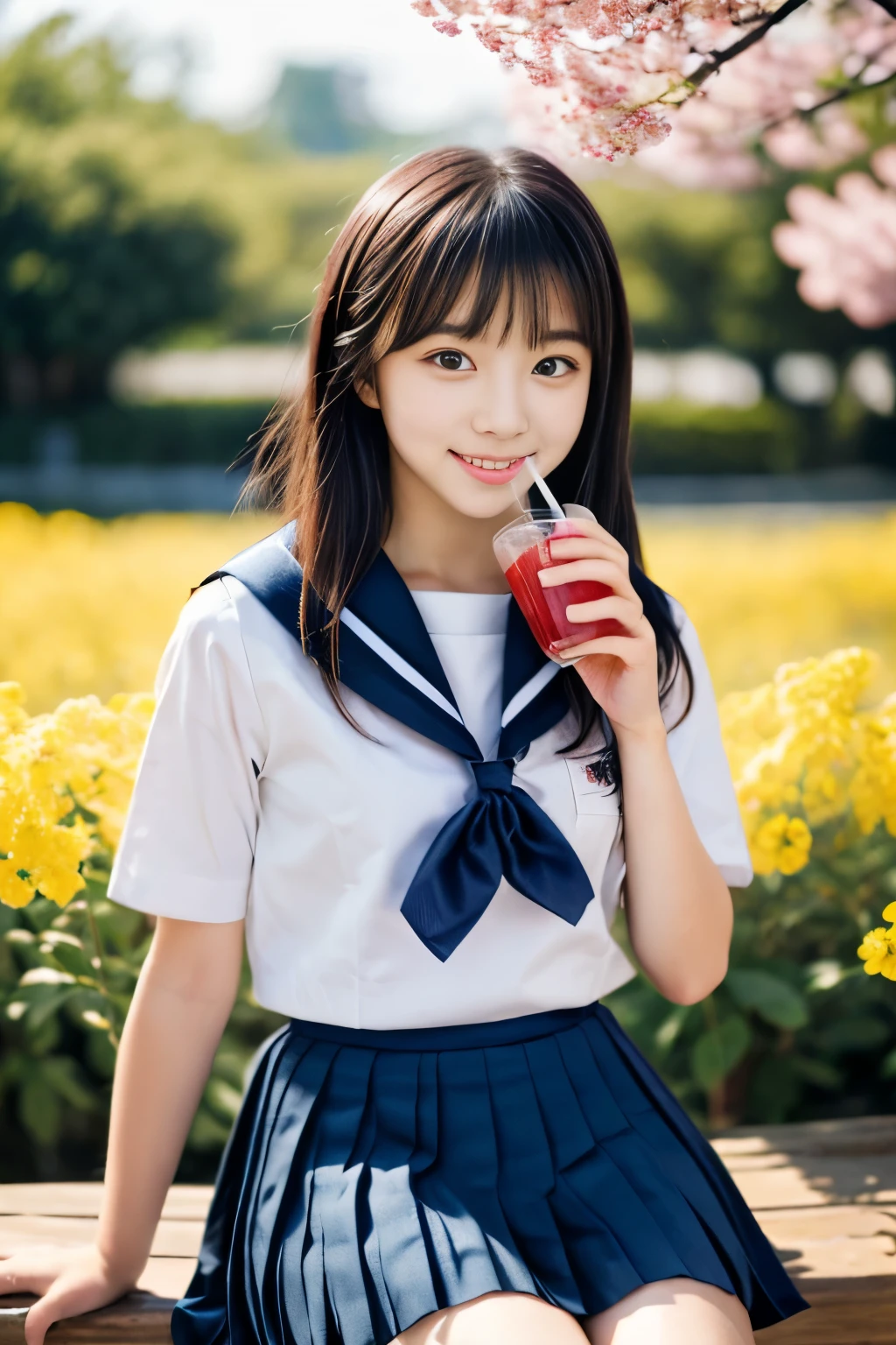 masterpiece, Best Quality, 8K, 1 girl, (18 years old), ager, smile, Solo, (A super cute idol-like face:1.2), Delicate girl, Black hair, middle bob hair, straight hair, bangs, Looking at Viewer, Candid, Sophisticated, Professional Lighting, Film grain, whole body, beautiful figure, The background is a field of yellow rape blossoms and rows of cherry blossom trees, (White shirt, sailor school uniform, navy pleated skirt:1.2), tiny chest, Sitting on the bench, (drink juice:1.3),
