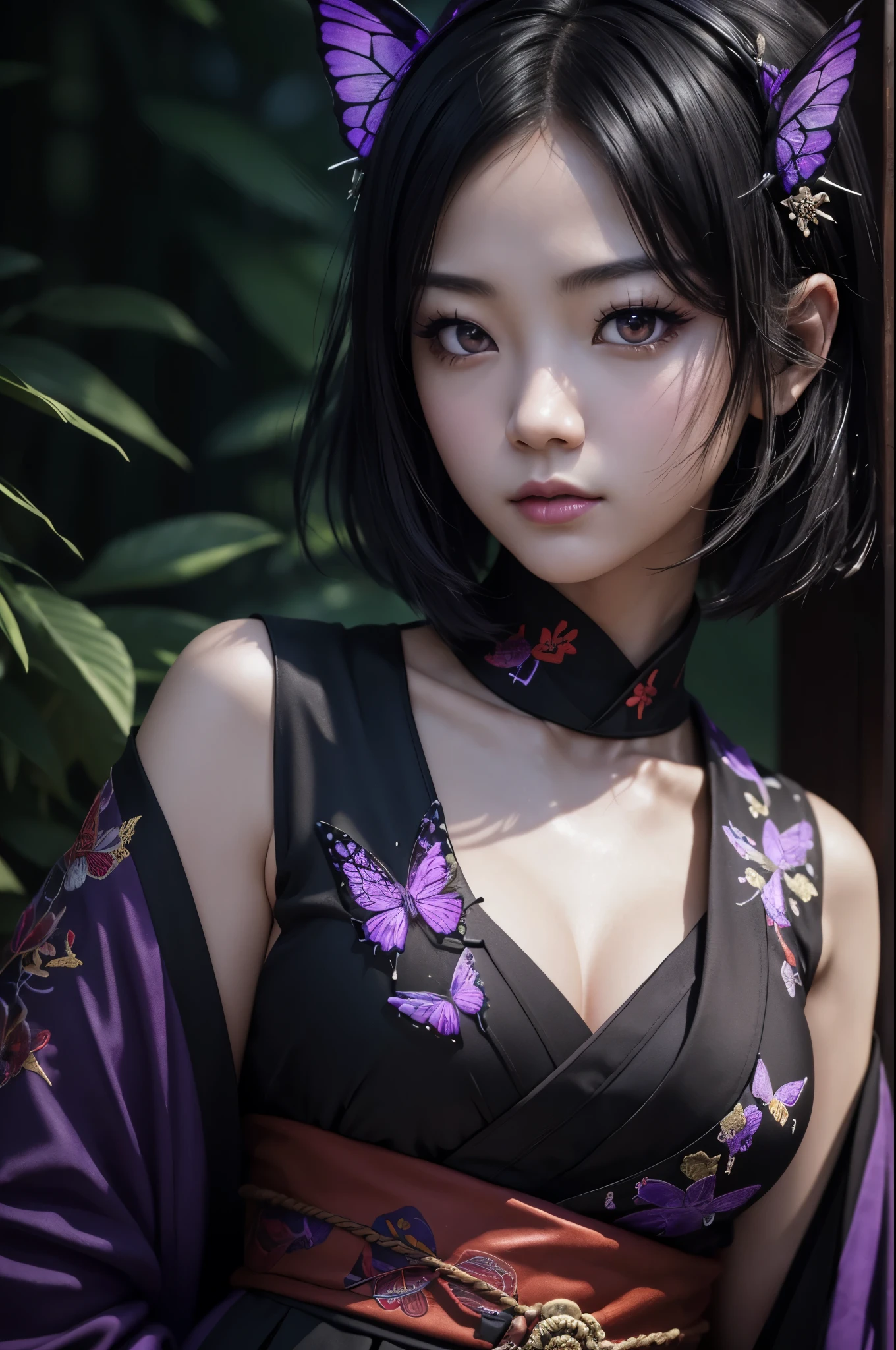 8K,Woman in Japan traditional costume,(dark shot:1.4), 80mm, (dark shot:1.4), 80mm, epic real, Big eyes,Black hair short bob hair,black and purple butterfly hair ornament,black kimono and red obi,black and purple butterfly pattern(Precise butterfly embroidery),purple eyes(purple effect),range murata, wonderful, matted, paul gauguin, art,soft cinematic light, adobe lightroom, photo lab, HDR, 複雑で非常にdetailed, (Depth of bounds written:1.4), (dark shot:1.22), Neutral Color, (HDR:1.4), (calm colors:1.4), (Complex), (artステーション:1.2), 超detailedな, dramatic, Complex細部, (technicolor:0.9), (rutkowski:0.8), cinematic, detailed, soft light, sharp, exposure blend, medium shot, Bokeh, (HDR:1.4), high contrast, (calm colors, dim color, calm colors調:1.3), low saturation, (超detailedな:1.2), (noir:0.4), horror light,sharp, exposure blend、medium shot、Bokeh、(HDR:1.4)、high contrast、low saturation、(hyper detail:1.2)、(noir:0.4)、(Complex細部:1.12)、HDR、(Complex細部、hyper detail:1.15)Photorealistic RAW photos of the highest quality。Bright colors,rich colors, Backlight, cinematic lighting, film grain, to be born, 50mm lens, Nikon D850,realistic skin,ファンタジーart,キャラクターart,ultra high resolution,Lots of poses,muscular slim body,verandah of a large mansion,in the forest,super realistic skin,late night,underworld devil makeup,Devil's makeup,