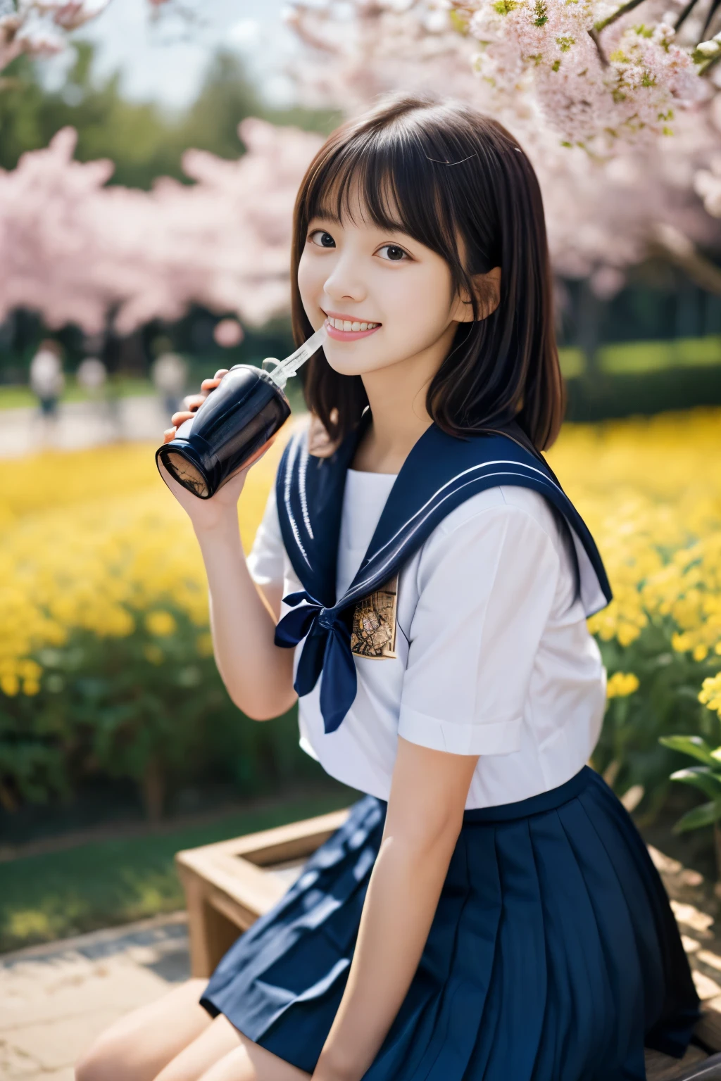 masterpiece, Best Quality, 8K, 1 girl, (18 years old), r, smile, Solo, (A super cute idol-like face:1.2), Delicate girl, Black hair, middle bob hair, straight hair, bangs, Looking at Viewer, Candid, Sophisticated, Professional Lighting, Film grain, whole body, beautiful figure, The background is a field of yellow rape blossoms and rows of cherry blossom trees, (White shirt, sailor school uniform, navy pleated skirt:1.2), tiny chest, Sitting on the bench, (drink juice:1.3),
